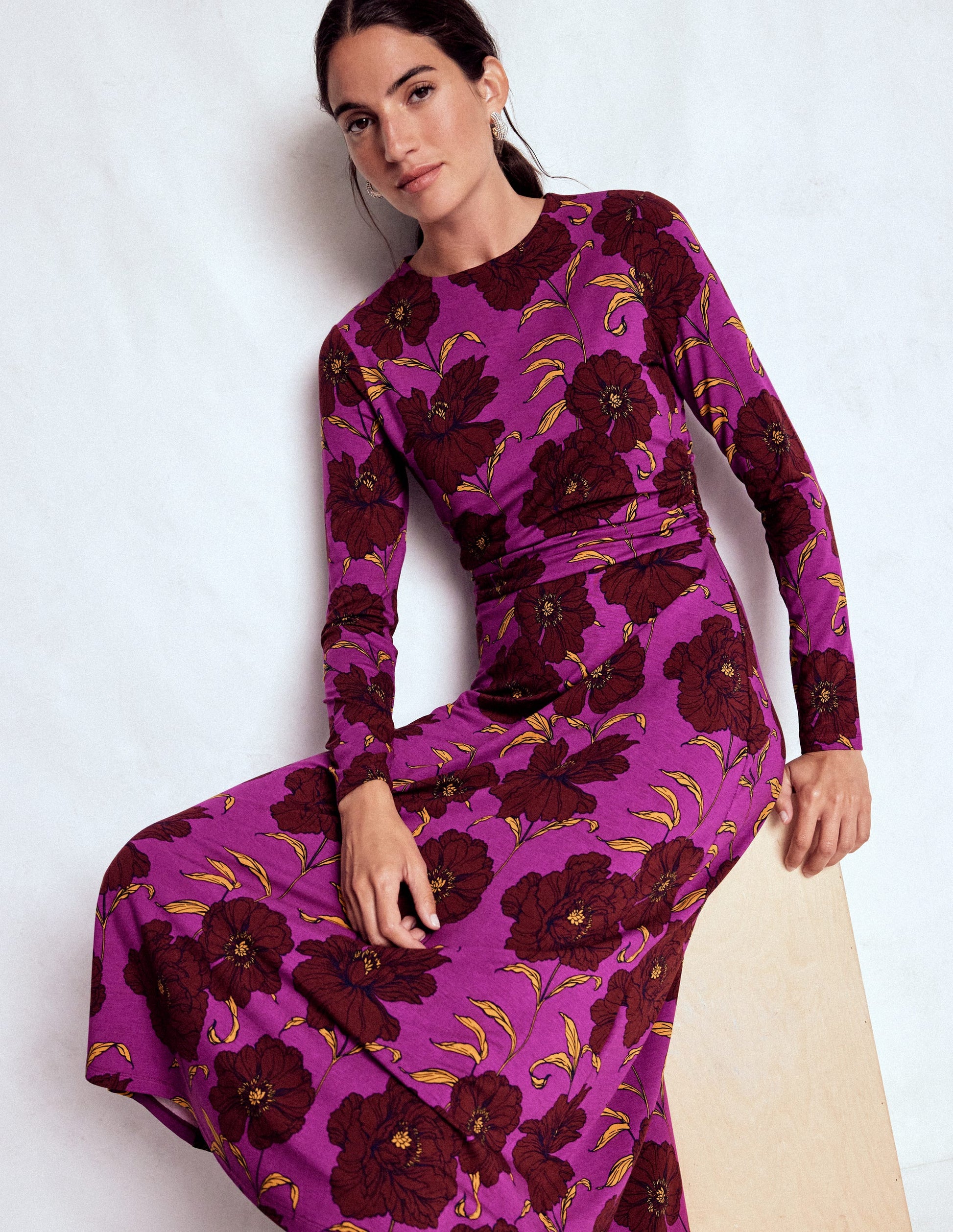 Ruched Jersey Midi Dress-Regal Purple, Peony Bloom | Boden UK Ruched Jersey Midi Dress-Regal Purple, Peony Bloom | Boden UK