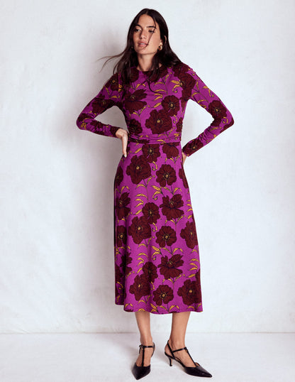 Ruched Jersey Midi Dress-Regal Purple, Peony Bloom-4