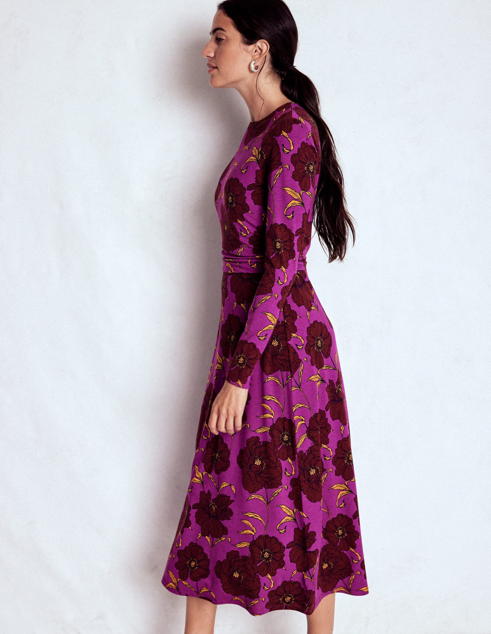 Ruched Jersey Midi Dress-Regal Purple, Peony Bloom-5