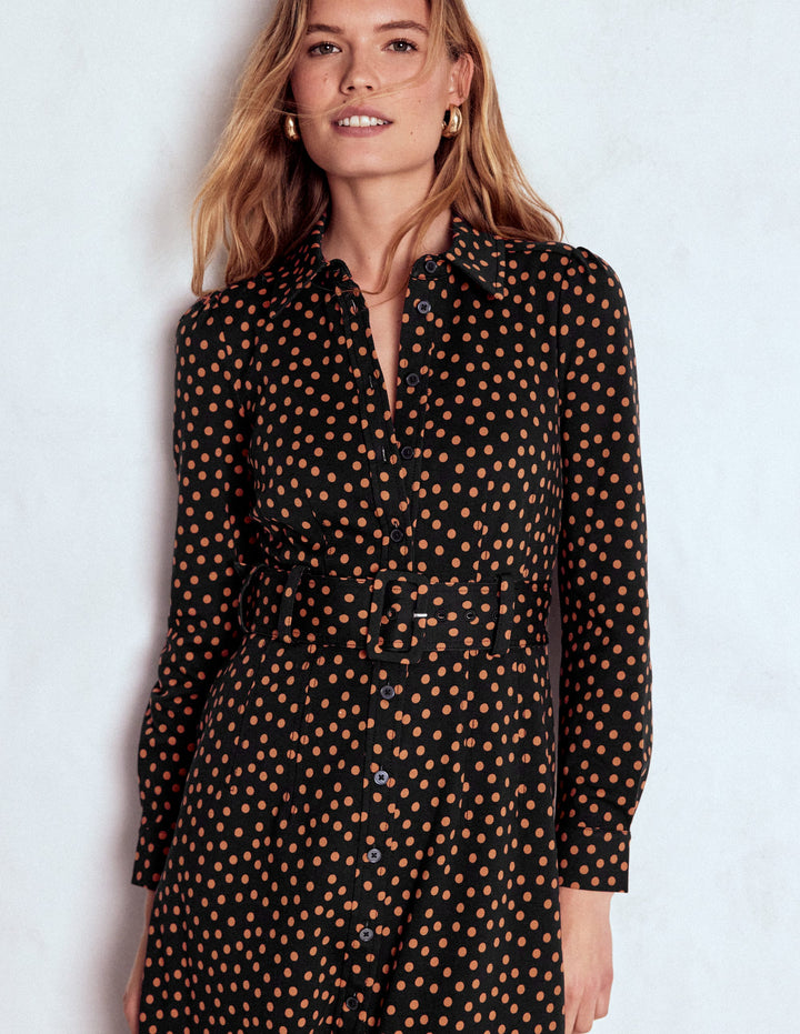 Anita Long Sleeve Shirt Dress-Black, Painted Dot