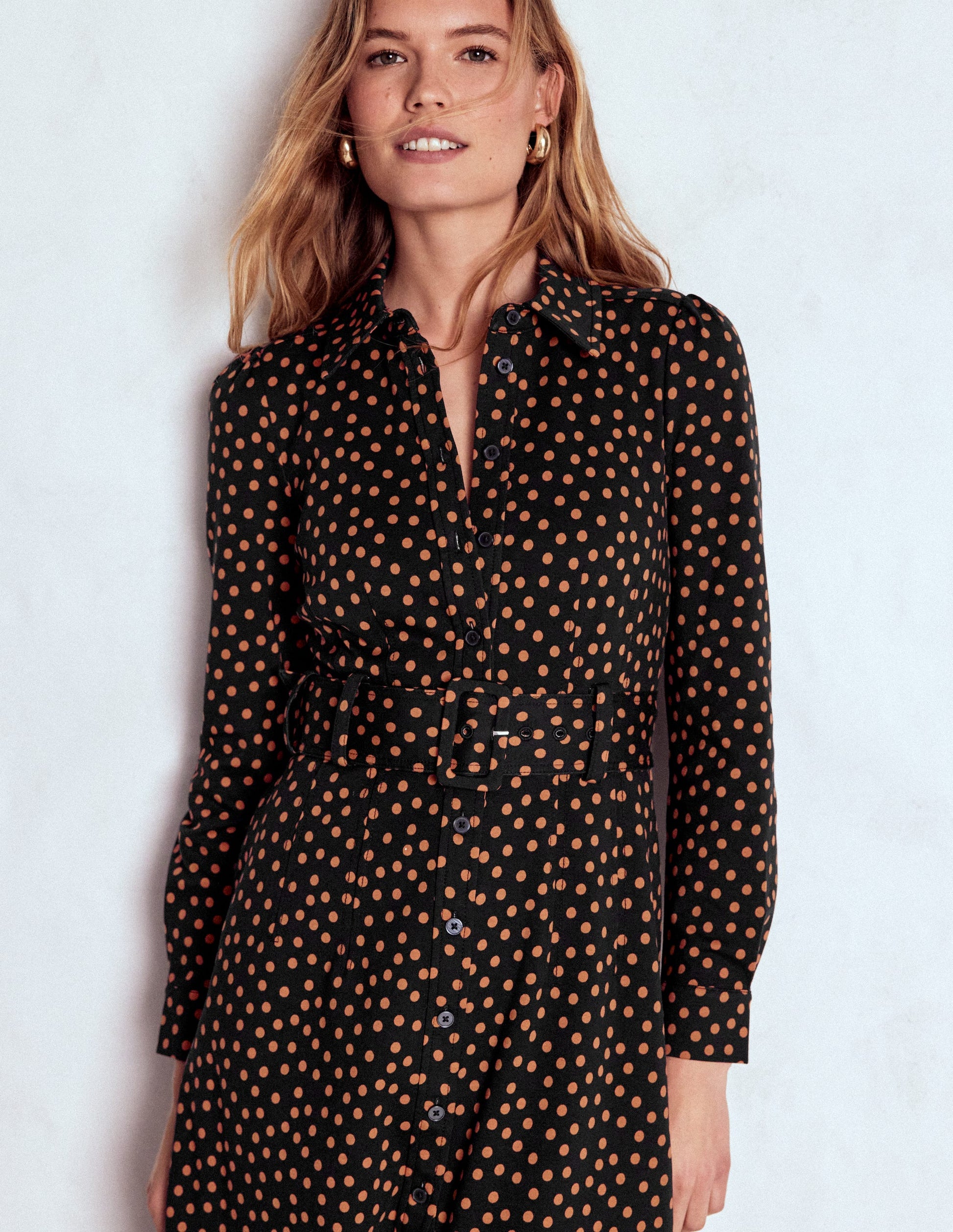 Anita Long Sleeve Shirt Dress-Black, Painted Dot-1