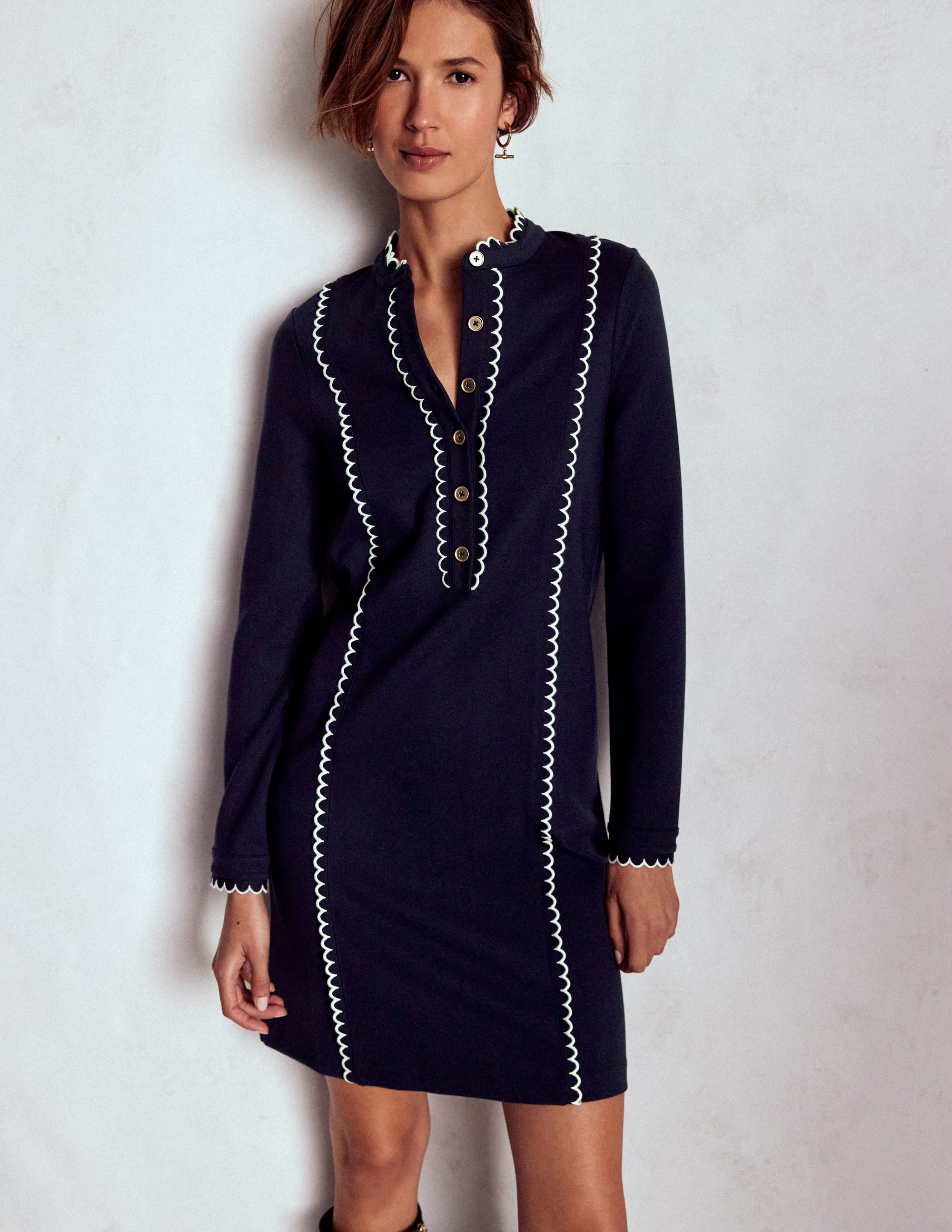 Scallop Detail Jersey Dress-Navy - Image 2