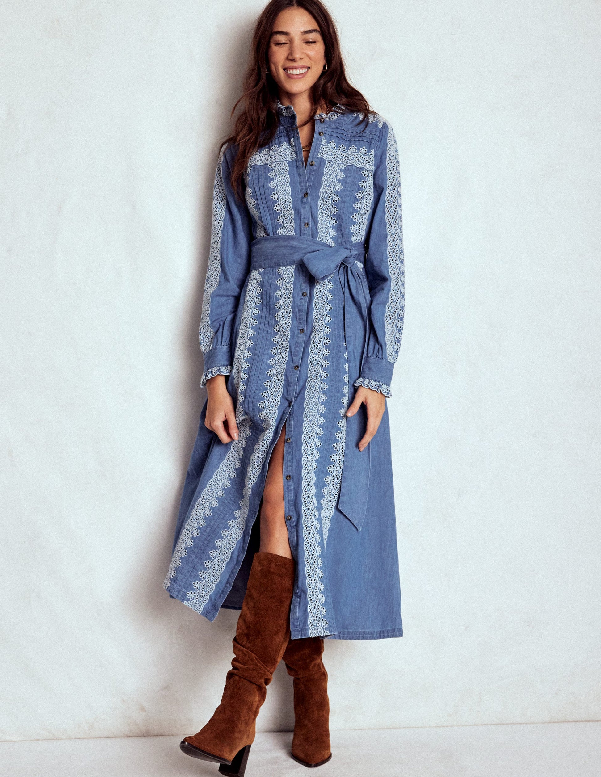 Ruffle Placket Chambray Dress-Light Blue Chambray-5