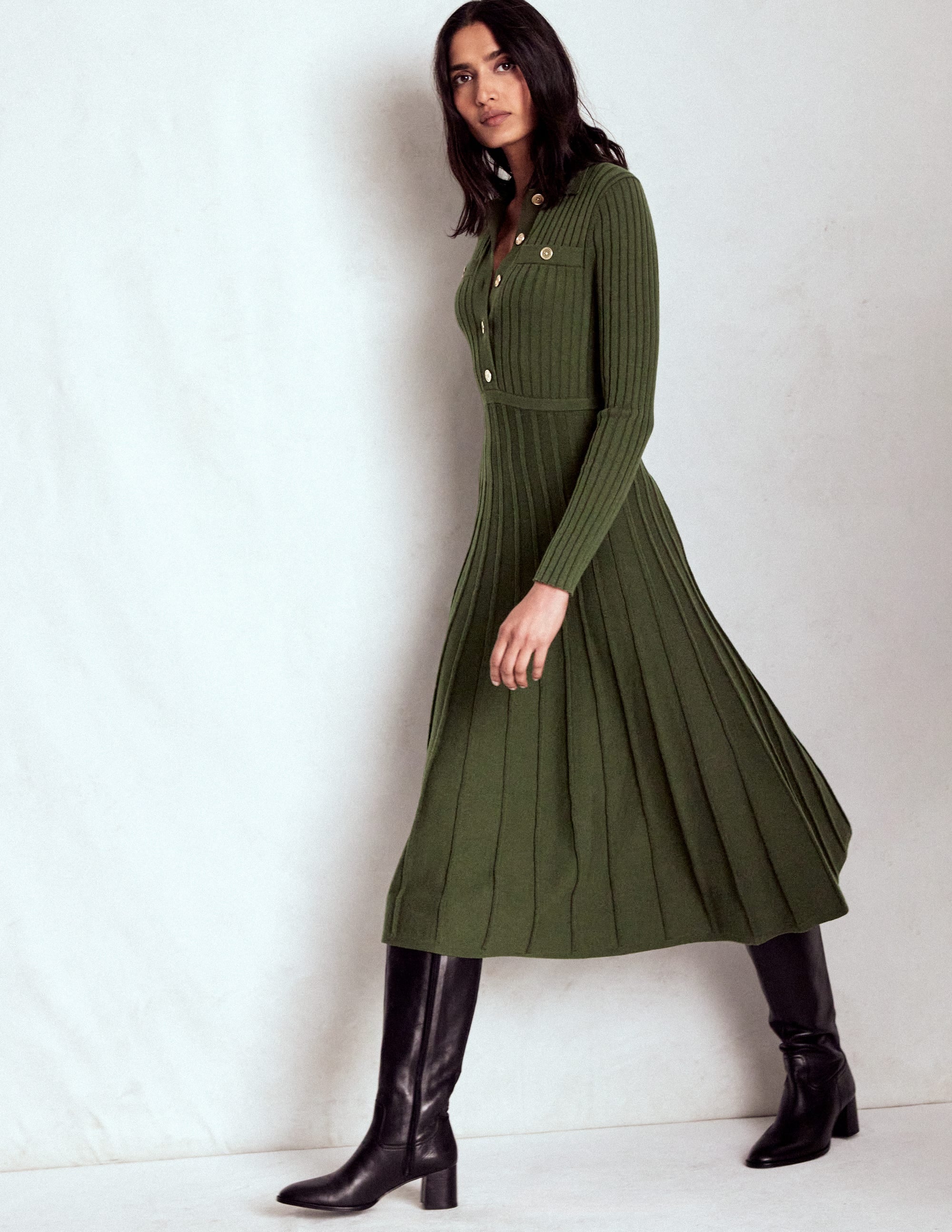 Brönte Knitted Rib Shirt Dress-Woodland Green - Image 4