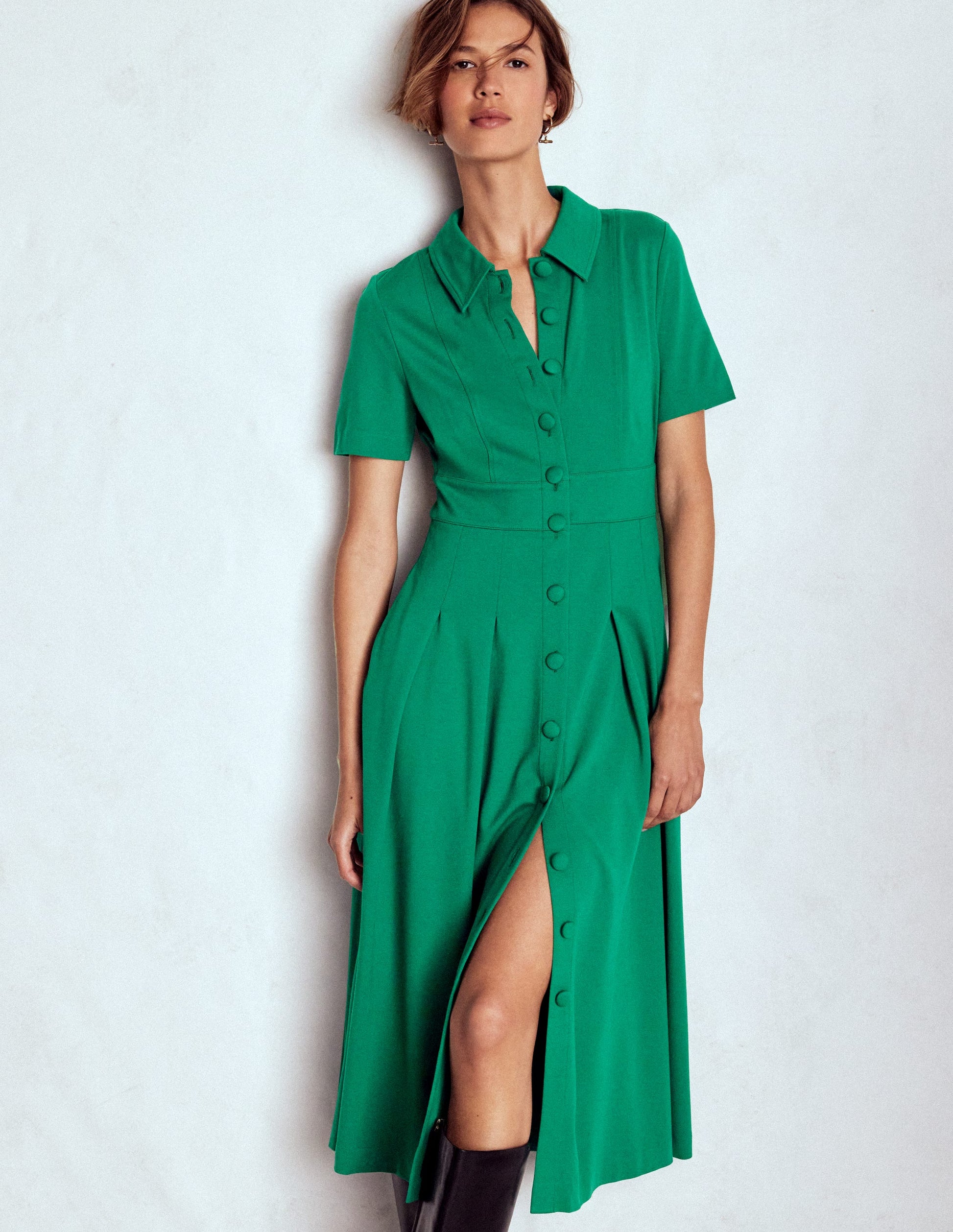 Bridget Ponte Shirt Dress-Jewel Green-1