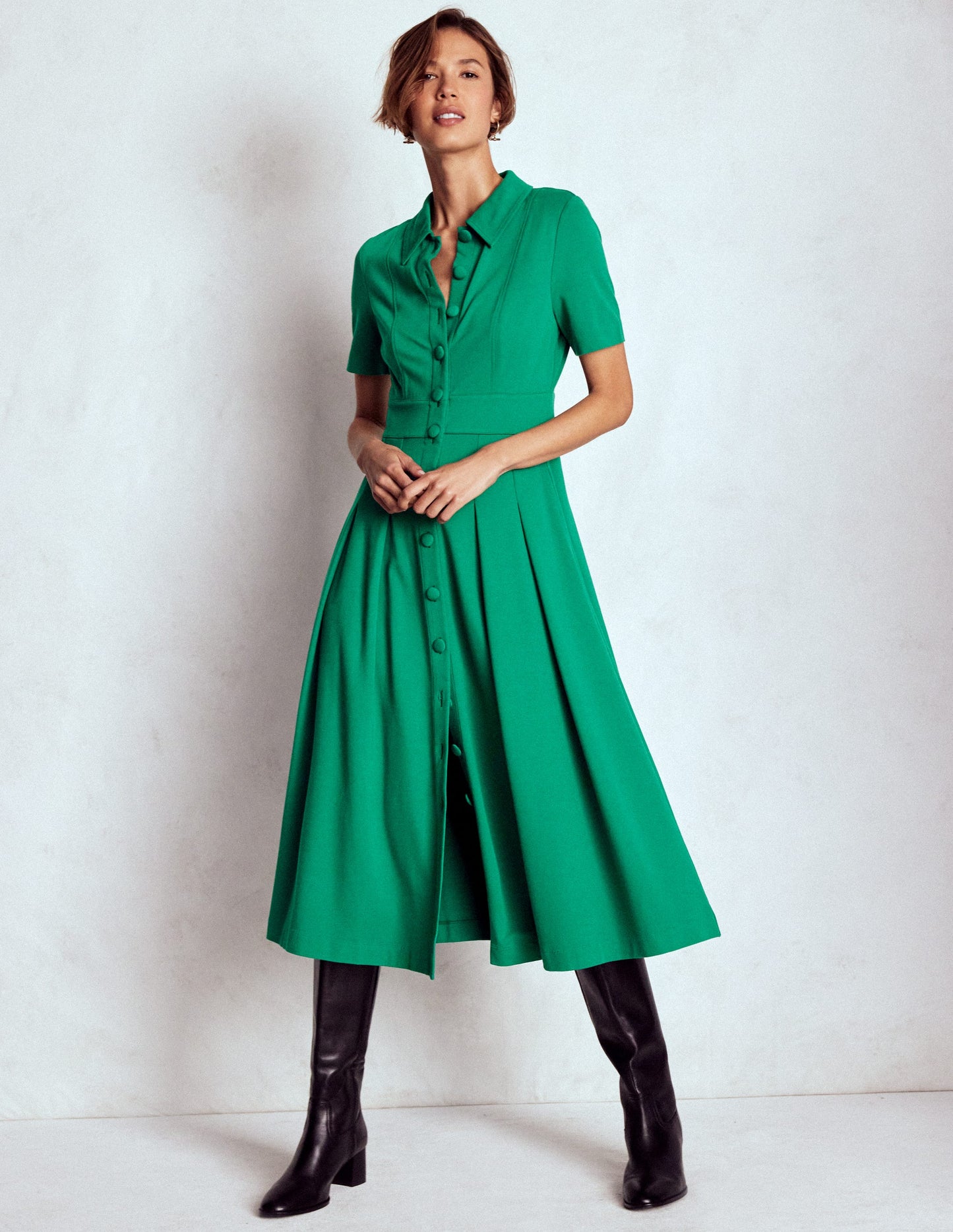 Bridget Ponte Shirt Dress-Jewel Green