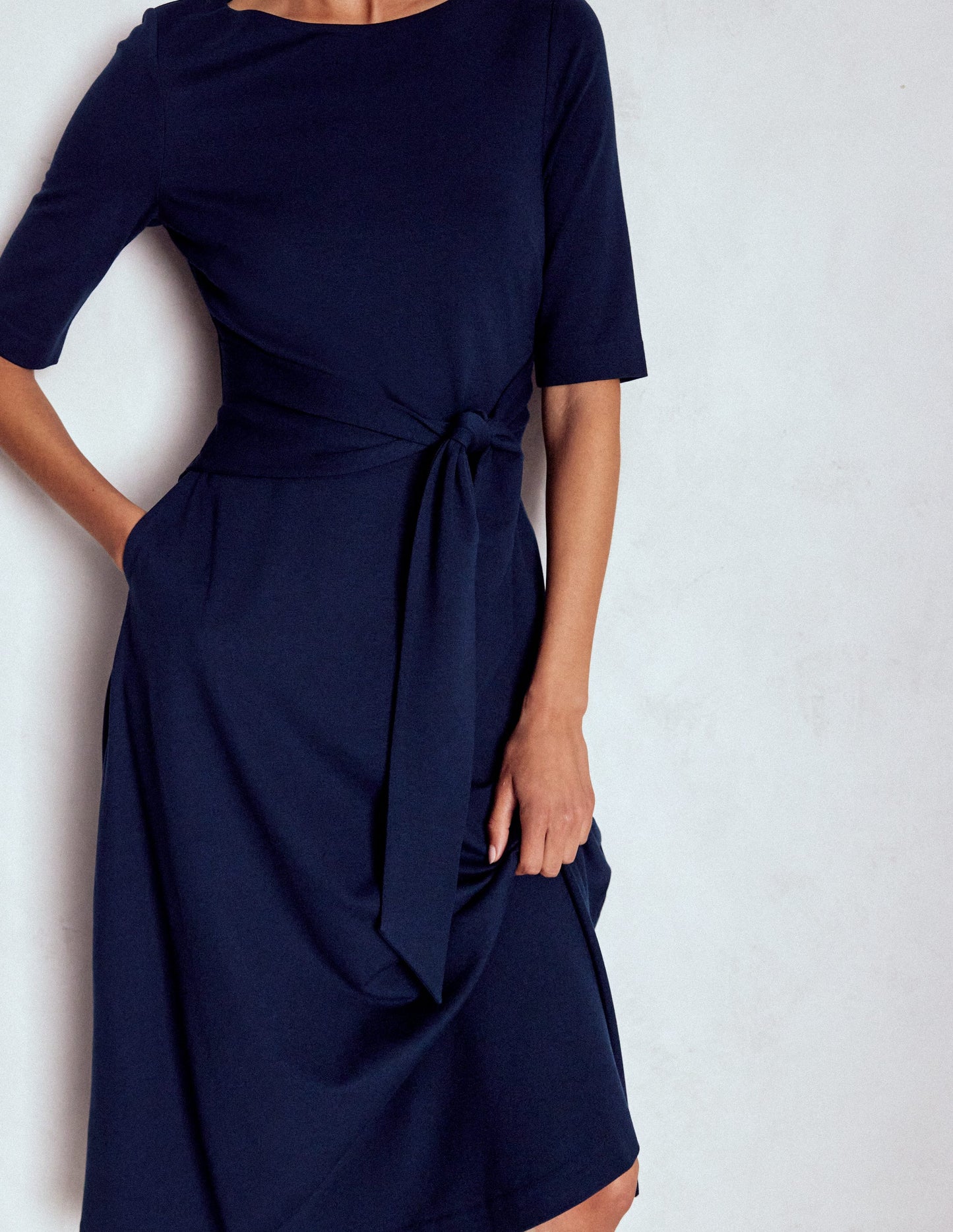 Mathilde Tie Waist Ponte Dress-Navy