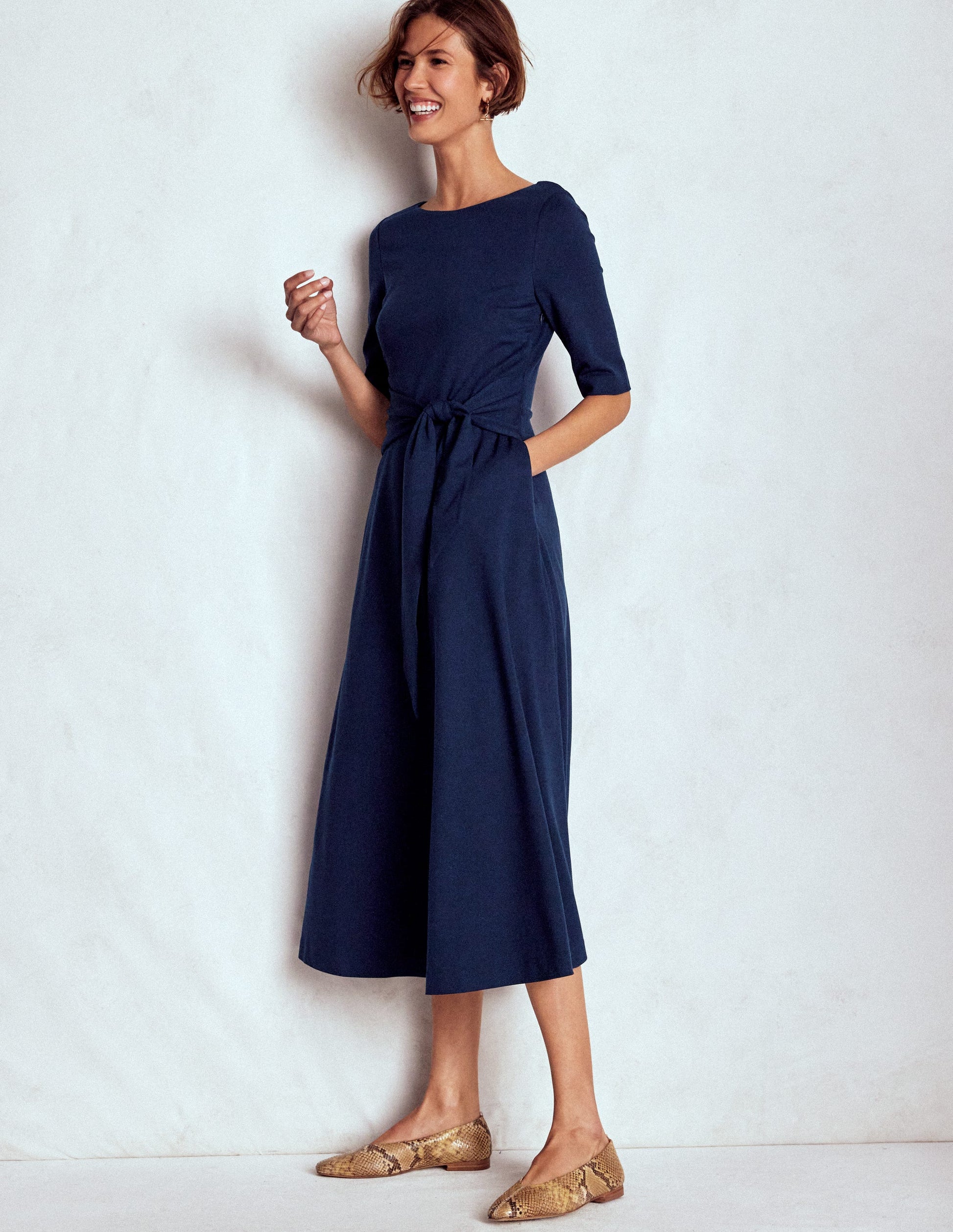 Mathilde Tie Waist Ponte Dress-Navy-4