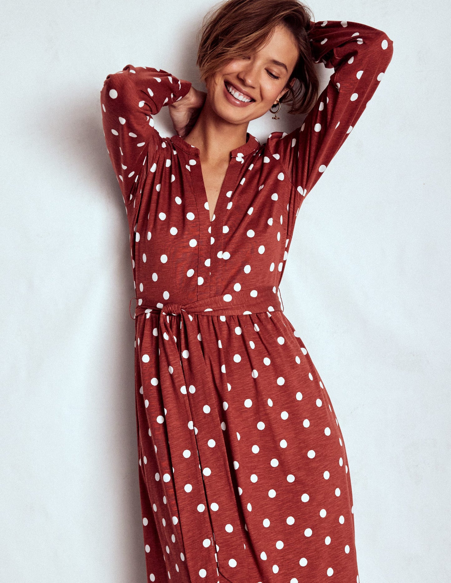 Naomi Long Sleeve Jersey Dress-Burnt Orange, Painted Dot