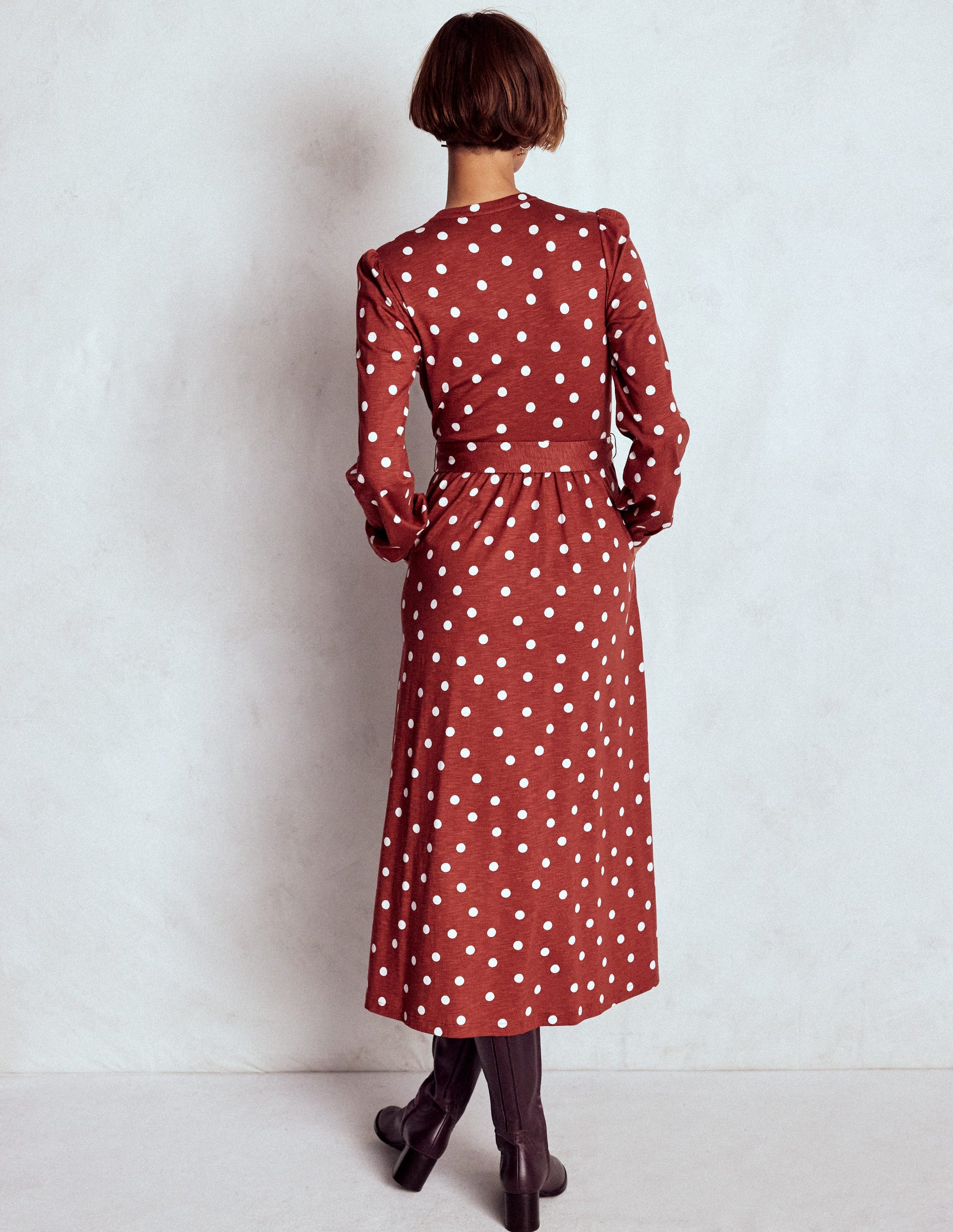 Naomi Long Sleeve Jersey Dress-Burnt Orange, Painted Dot-3