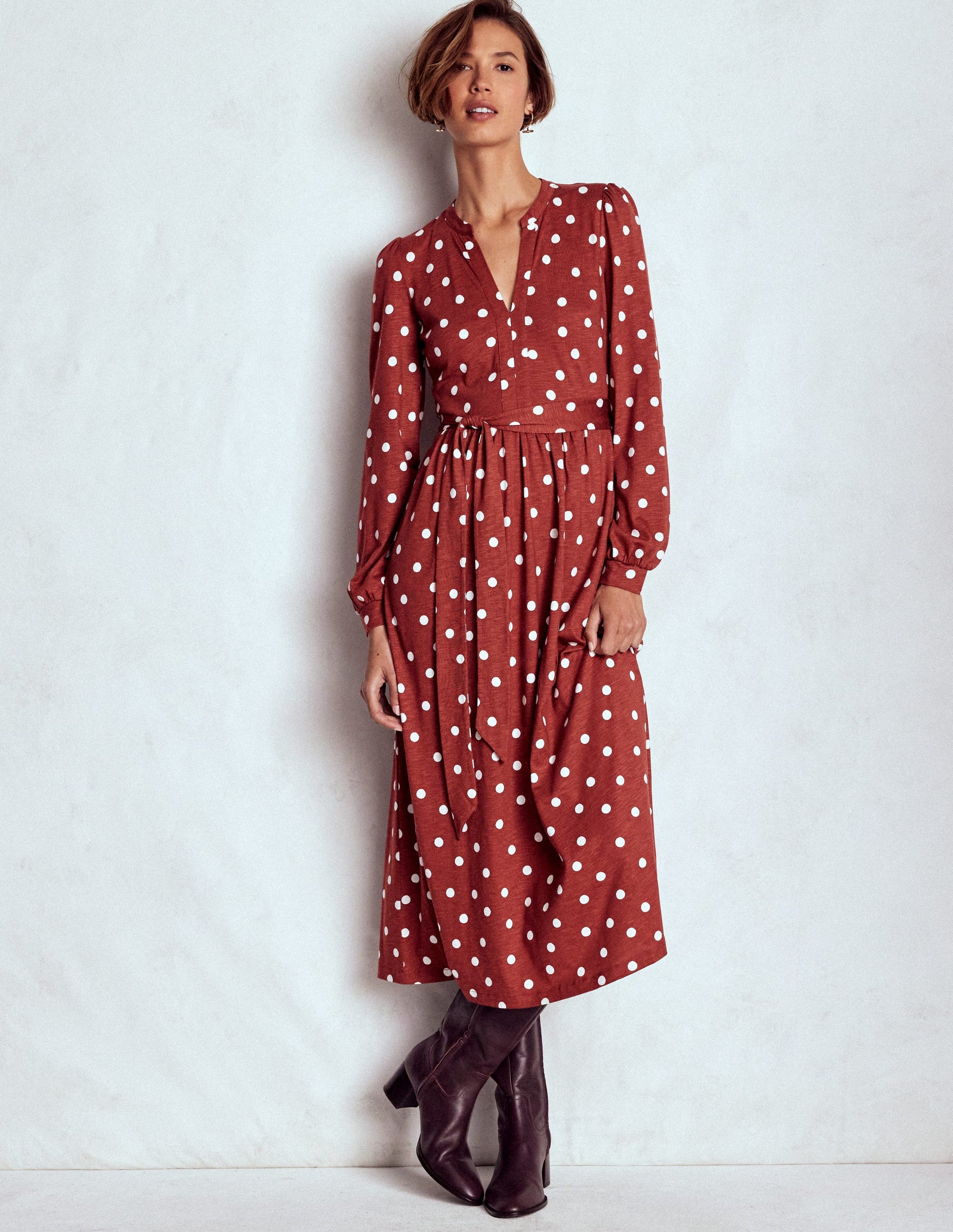 Naomi Long Sleeve Jersey Dress-Burnt Orange, Painted Dot-5