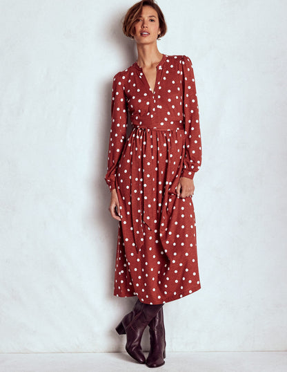 Naomi Long Sleeve Jersey Dress-Burnt Orange, Painted Dot-5