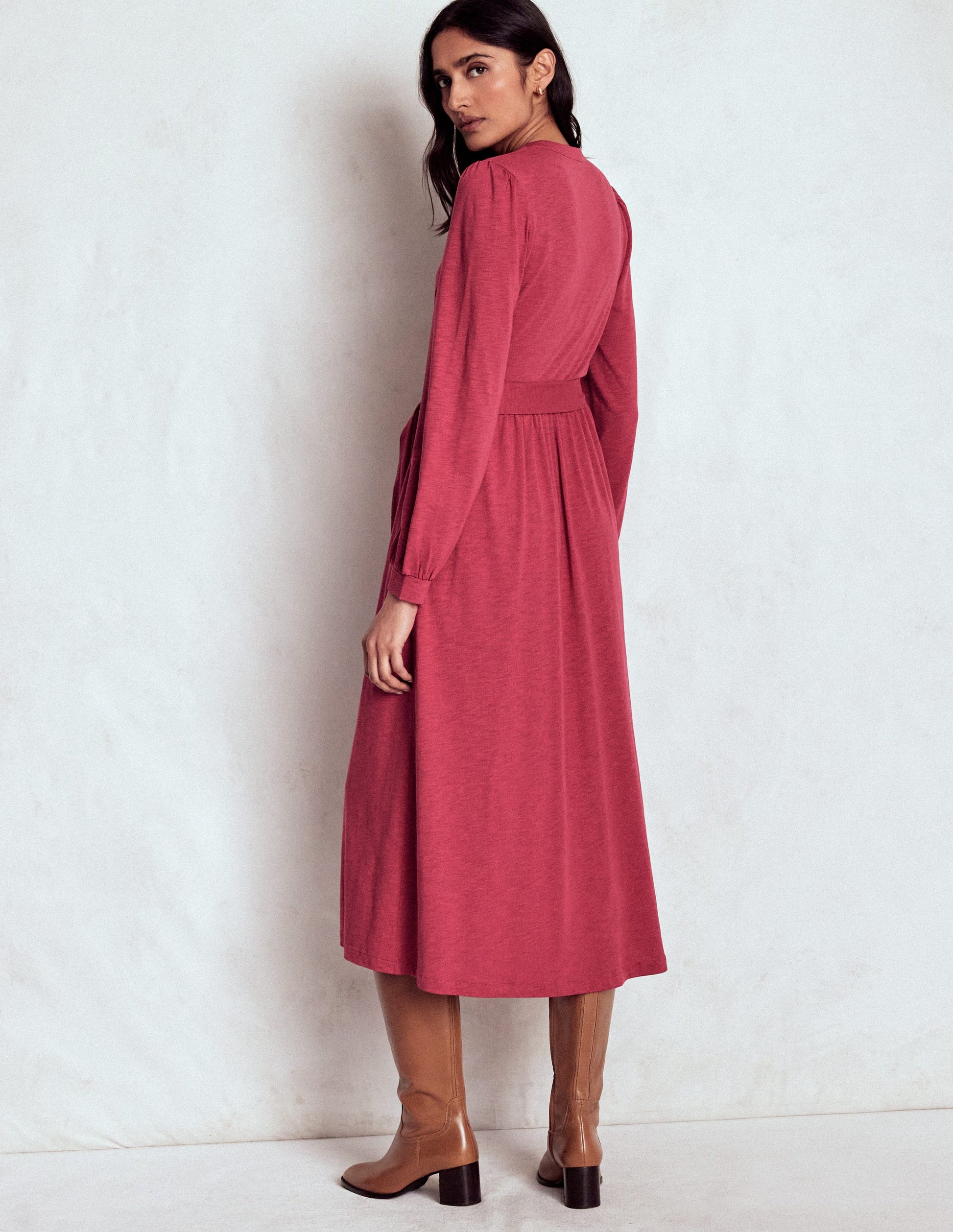 Naomi Long Sleeve Jersey Dress-Terracotta Red-3