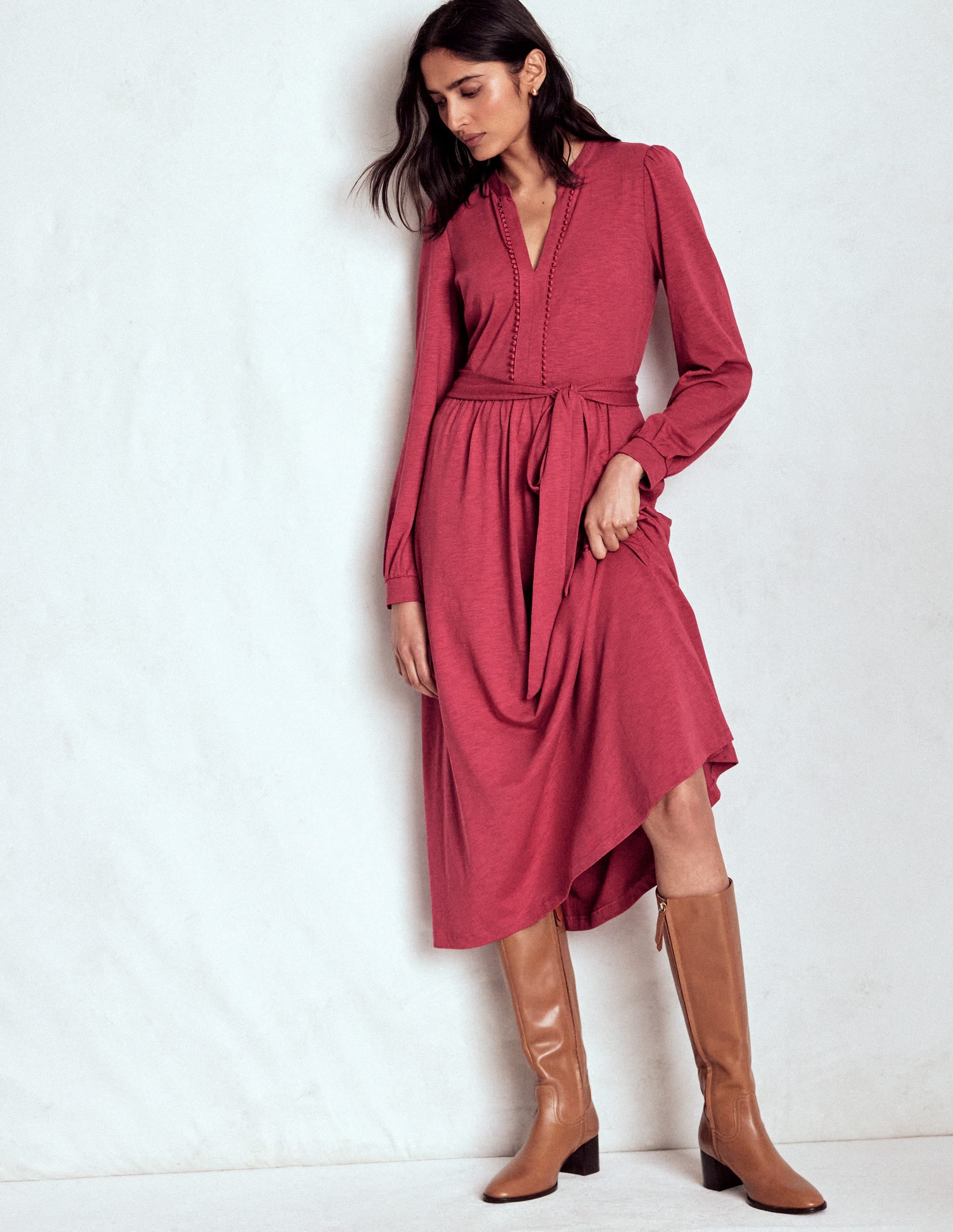 Naomi Long Sleeve Jersey Dress-Terracotta Red - Image 4