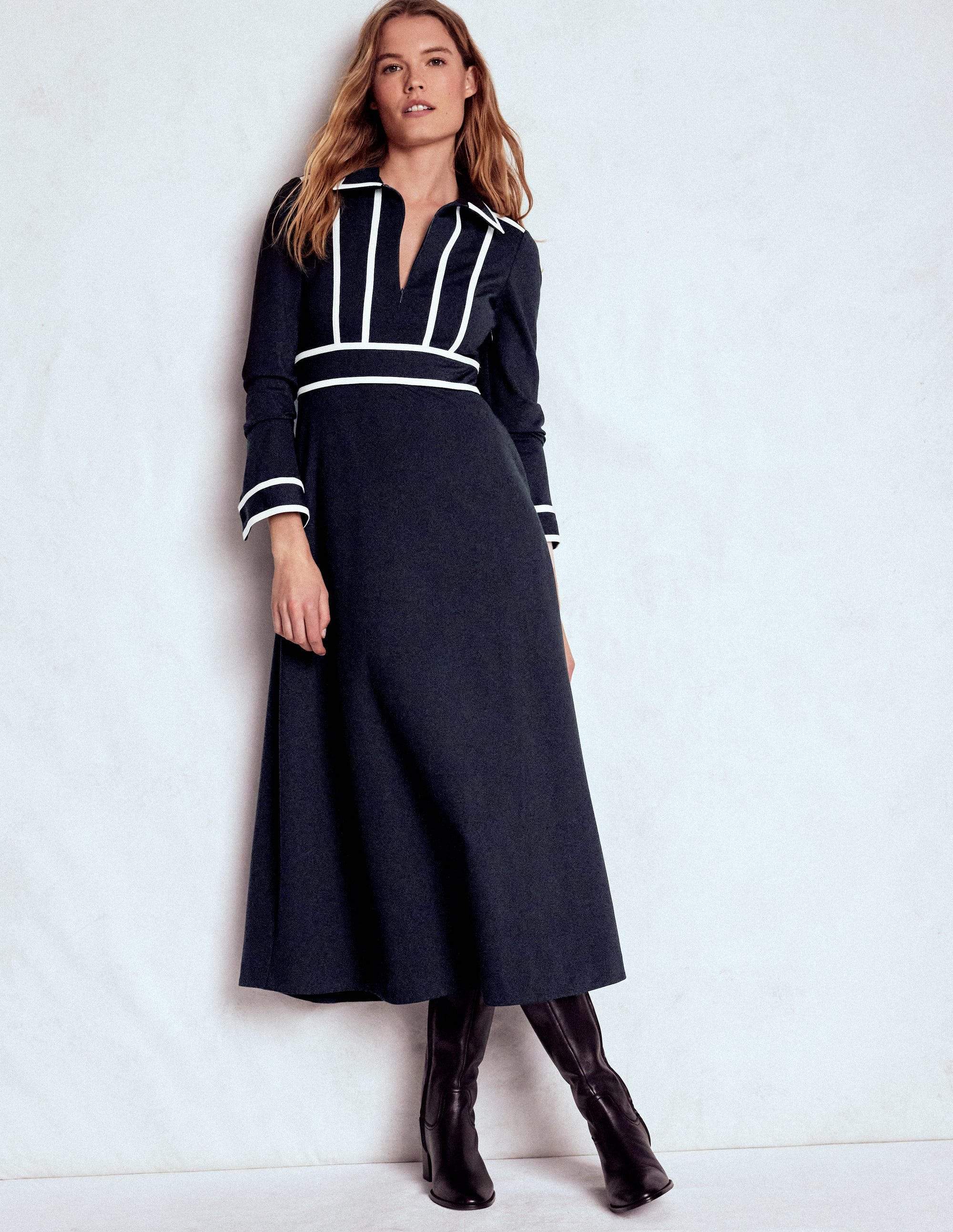 Contrast Ponte Midi Dress-Navy - Image 1