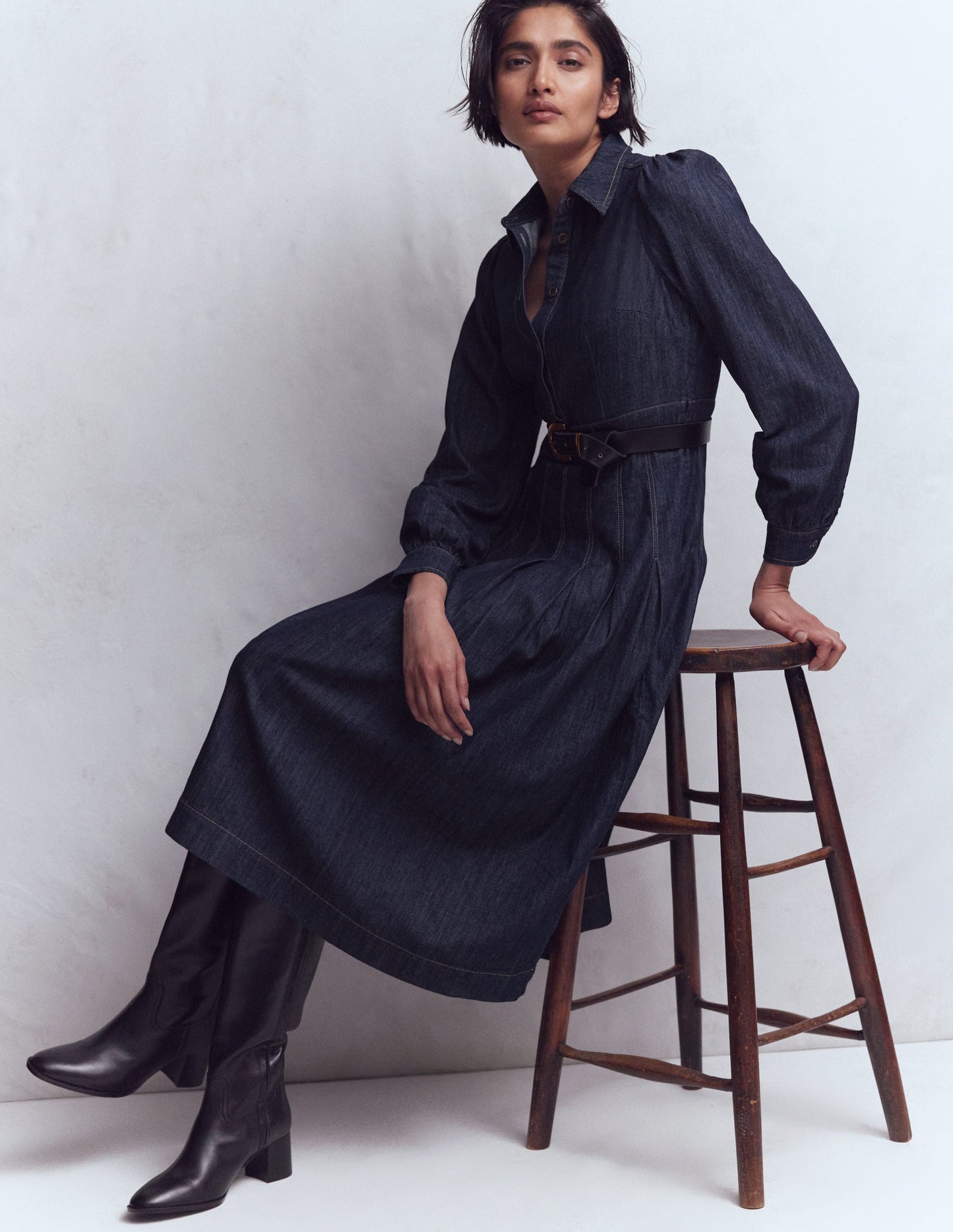 Pleat Skirt Denim Midi Dress-Indigo