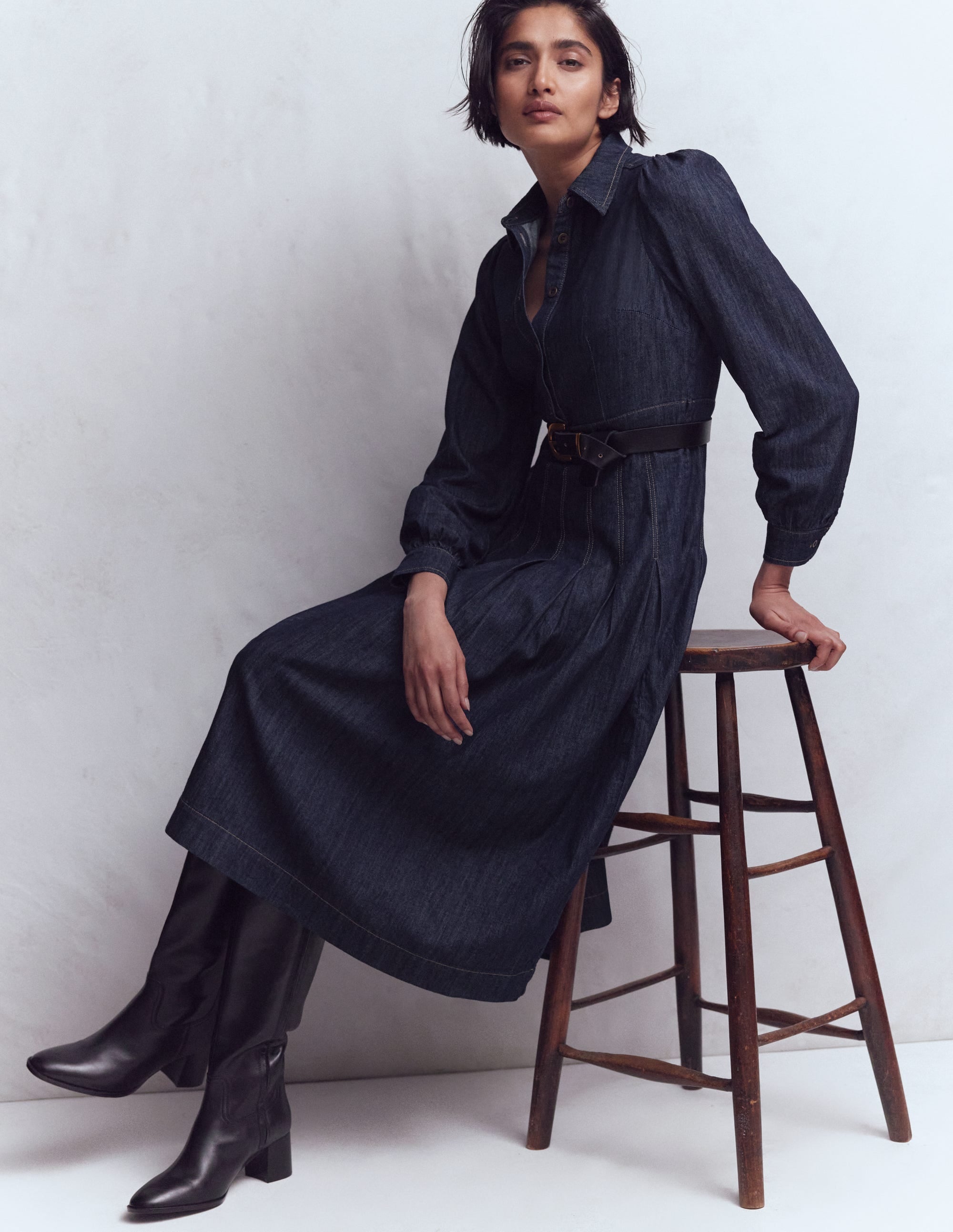 Pleat Skirt Denim Midi Dress-Indigo Wash - Image 2