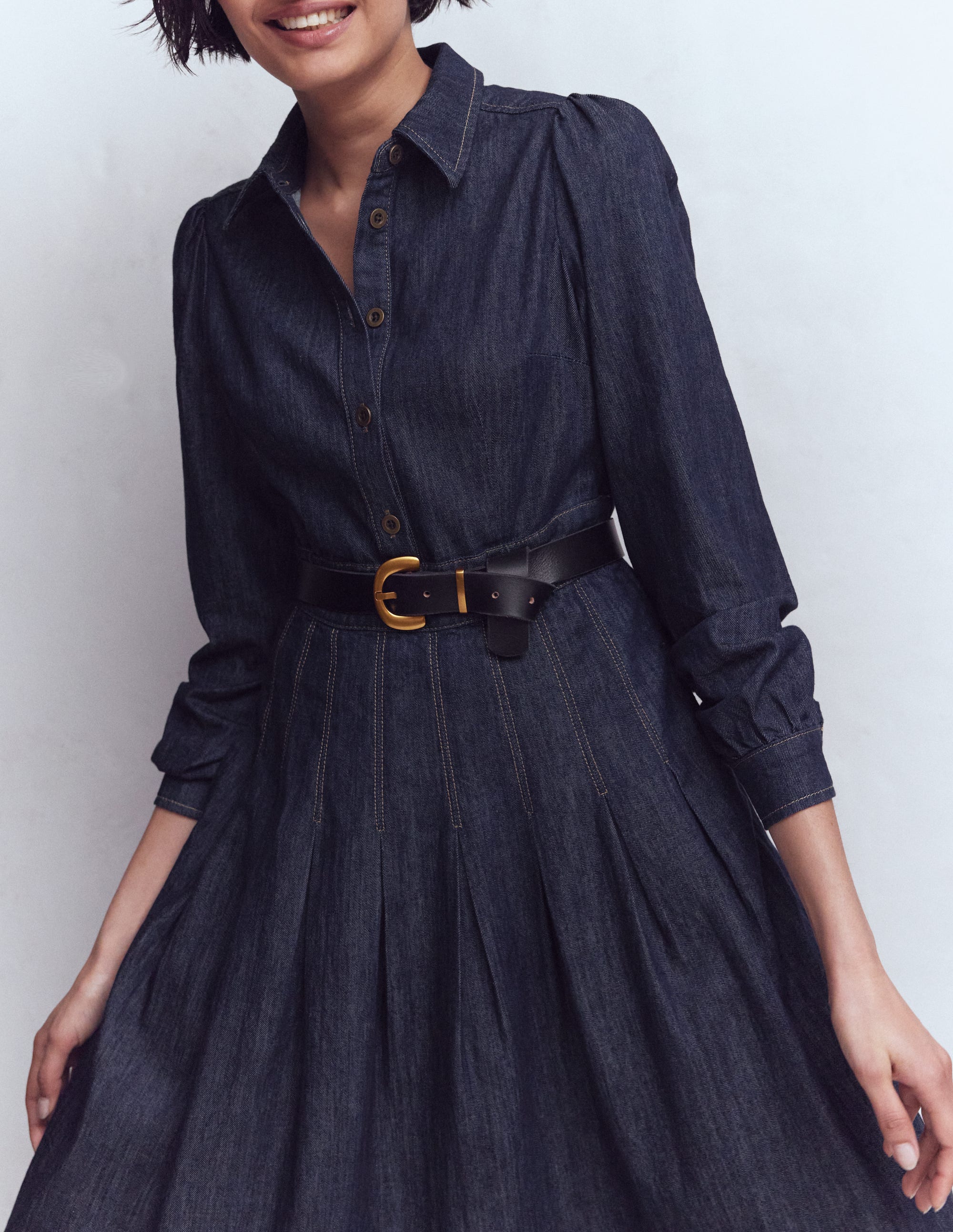 Pleat Skirt Denim Midi Dress-Indigo Wash - Image 3