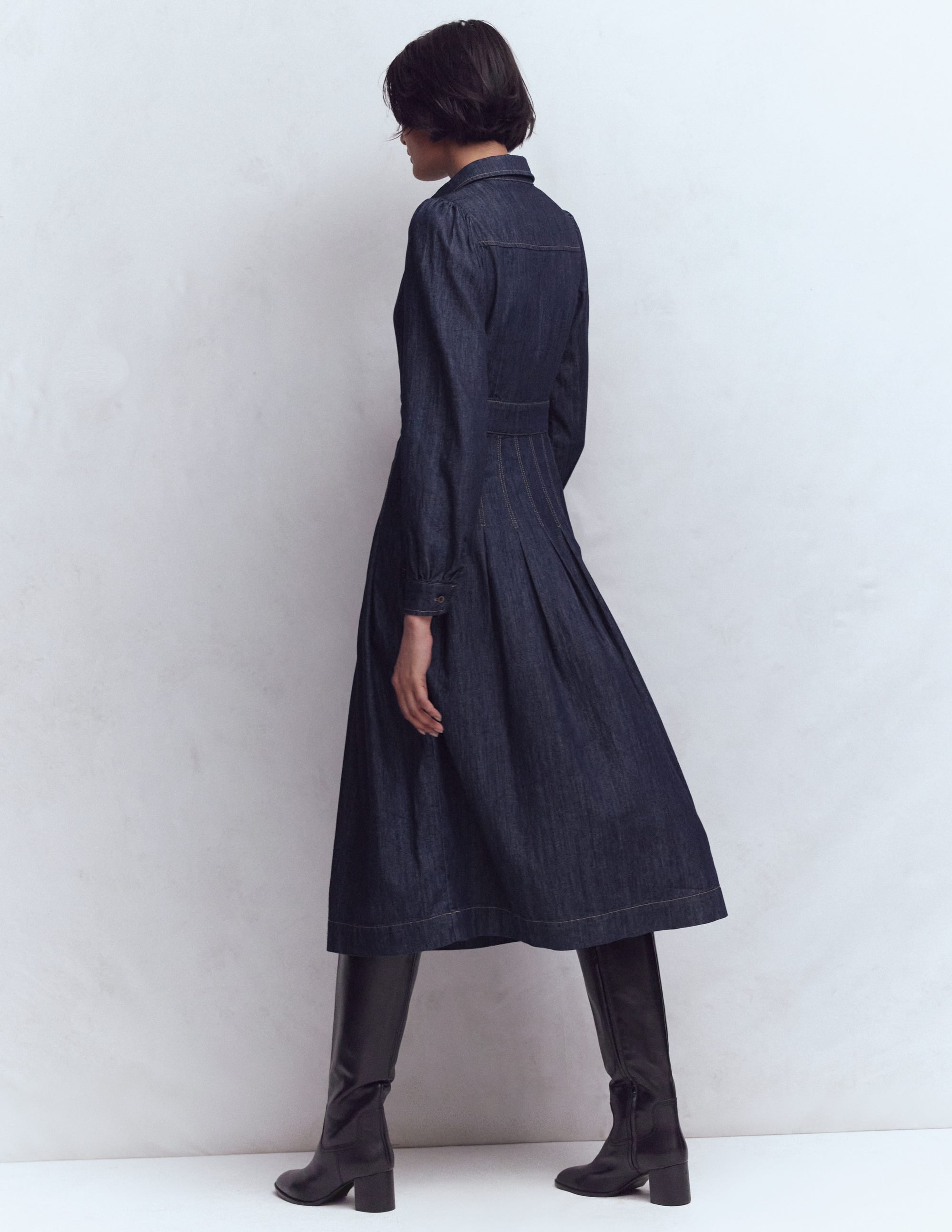 Pleat Skirt Denim Midi Dress-Indigo Wash - Image 4