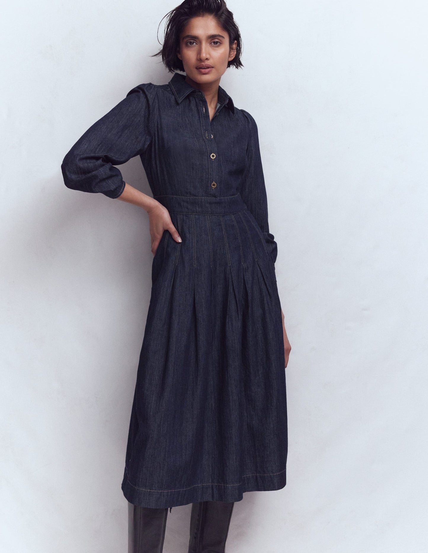 Pleat Skirt Denim Midi Dress-Indigo