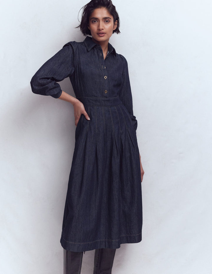 Pleat Skirt Denim Midi Dress-Indigo