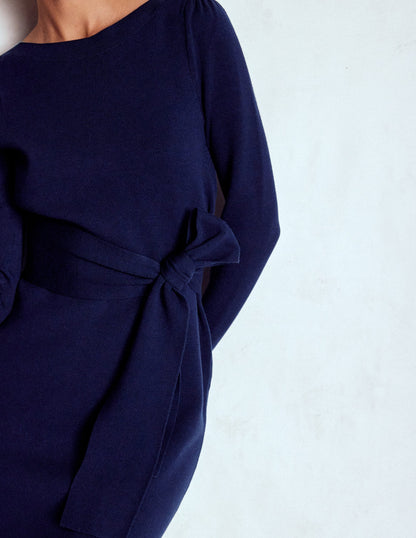 Tiana Tie Front Knitted Dress-Navy-2