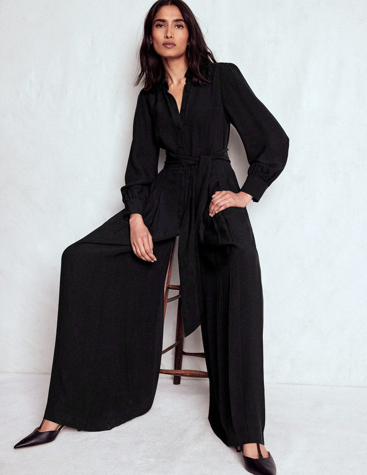 Button Up Palazzo Jumpsuit-Black