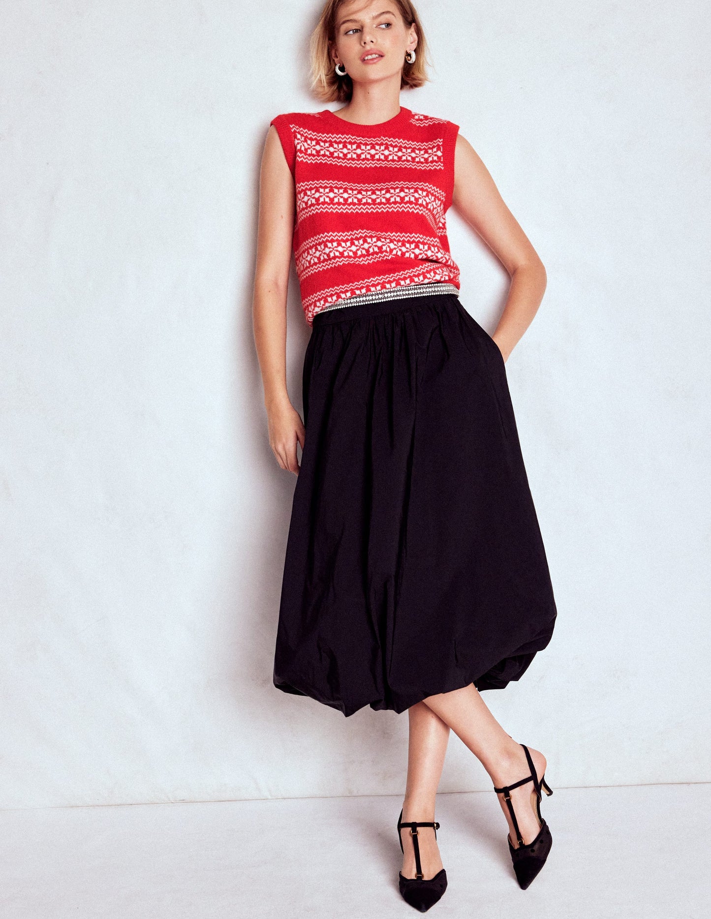 Edie Fair Isle Tank-Poppy Red, Warm Ivory