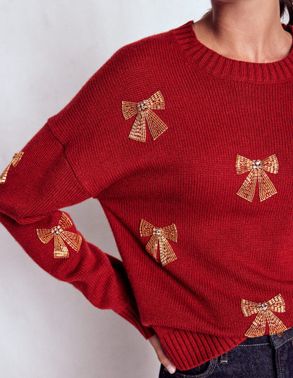 Natalie Embroidered Jumper-Red, Embellished Bows-2