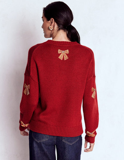Natalie Embroidered Jumper-Red, Embellished Bows-3
