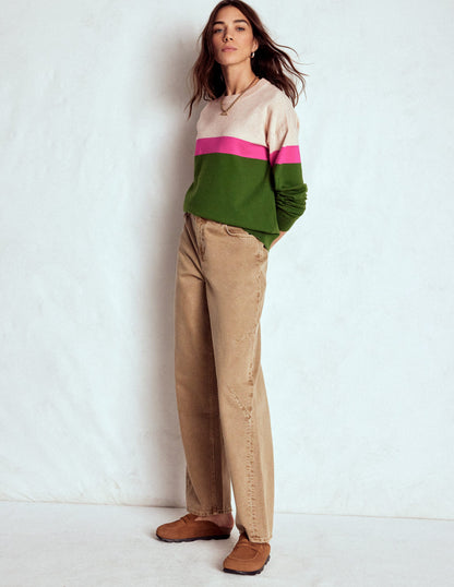 Lara Relaxed Cotton Jumper-Courtyard Green / Pink Yarrow-1