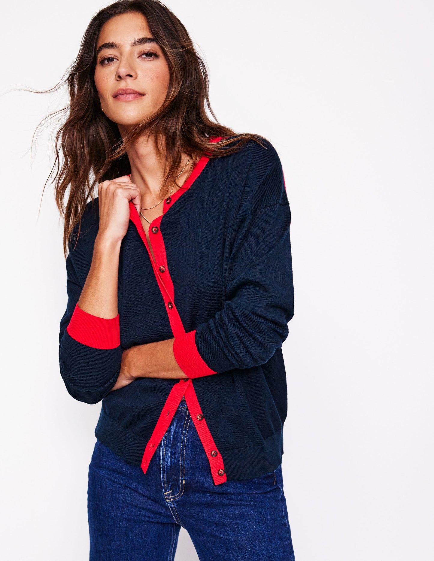 Lara Relaxed Cotton Cardigan-Navy, Poppy Red