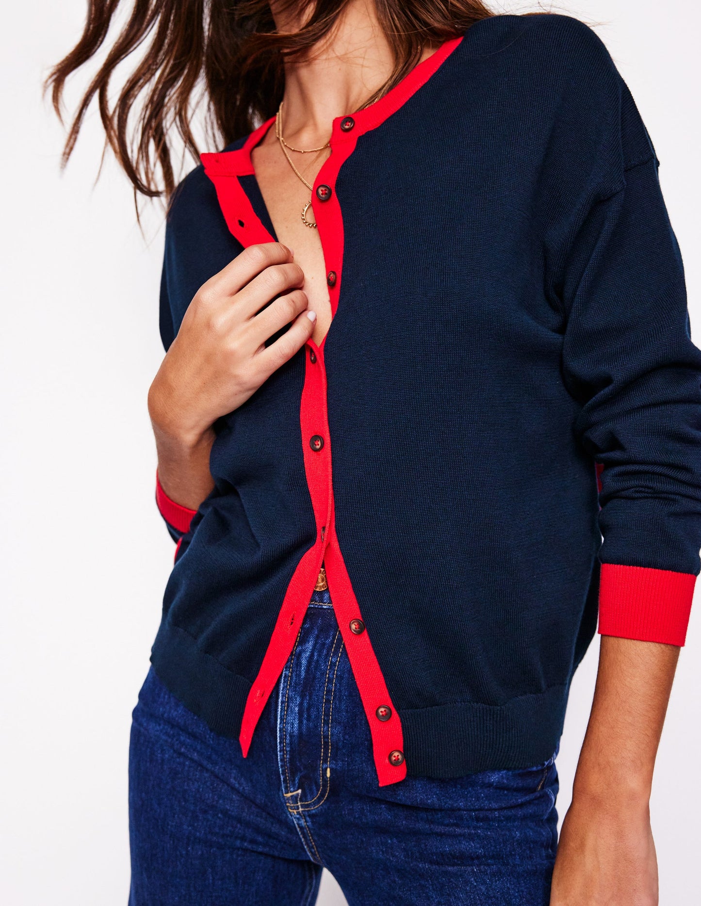 Lara Relaxed Cotton Cardigan-Navy, Poppy Red