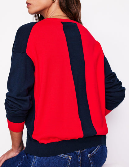 Lara Relaxed Cotton Cardigan-Navy, Poppy Red-3