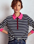 Lara Cotton Henley Jumper-Navy Stripe