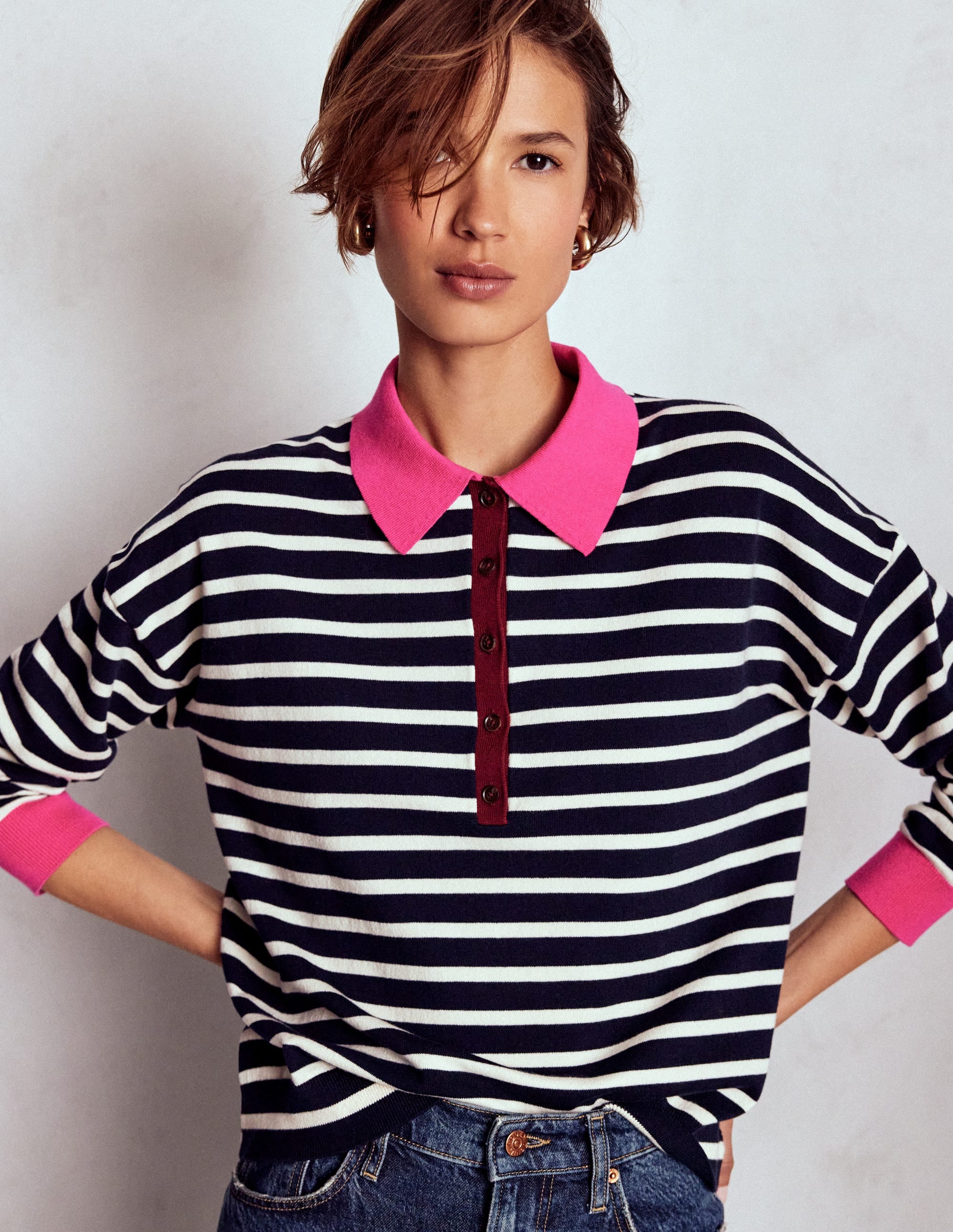 Lara Cotton Henley Jumper-Navy Stripe - Image 1