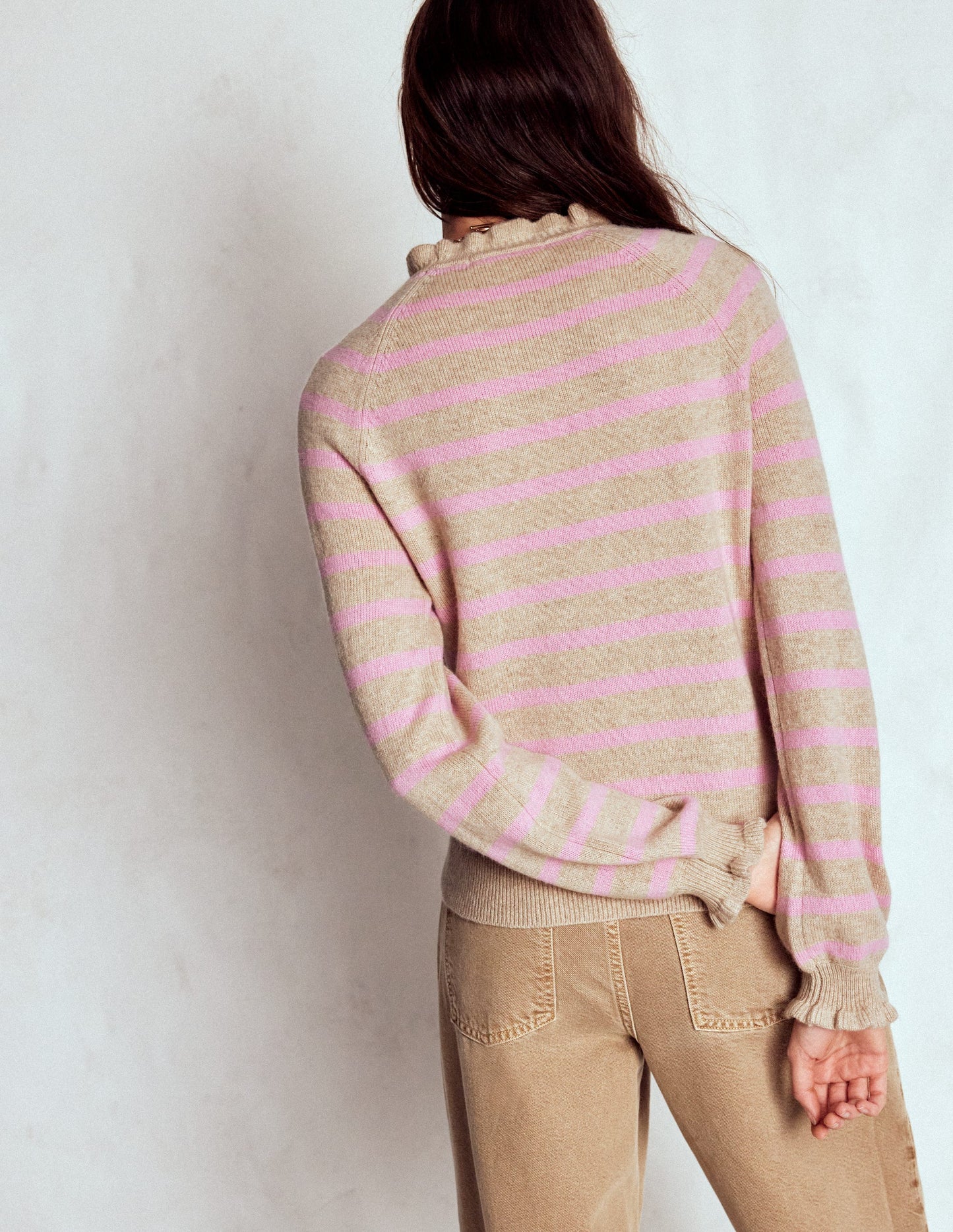 Fae Fair Isle Frilled Jumper-Camel, Pink Stripe