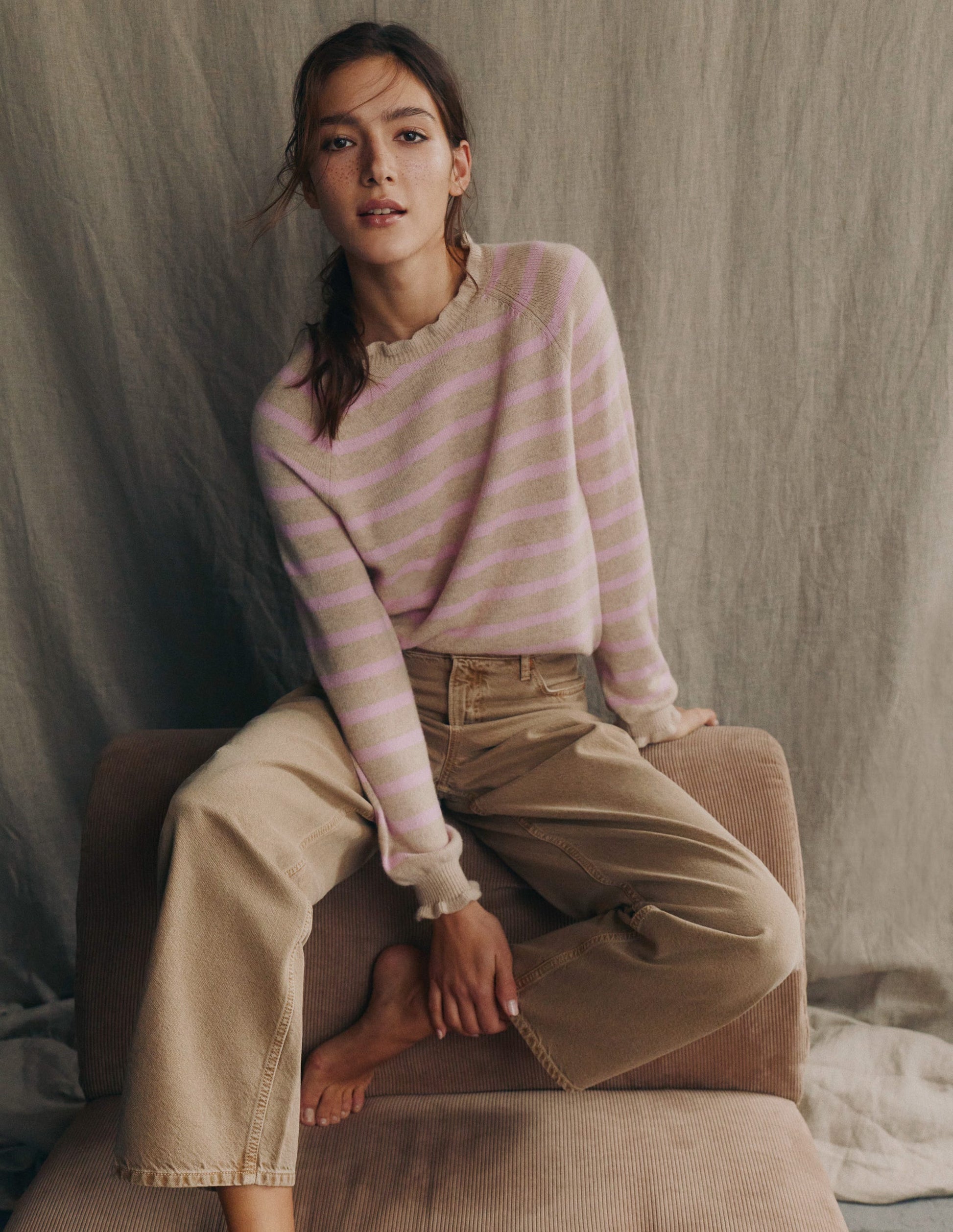 Fae Fair Isle Frilled Jumper-Camel, Pink Stripe-1