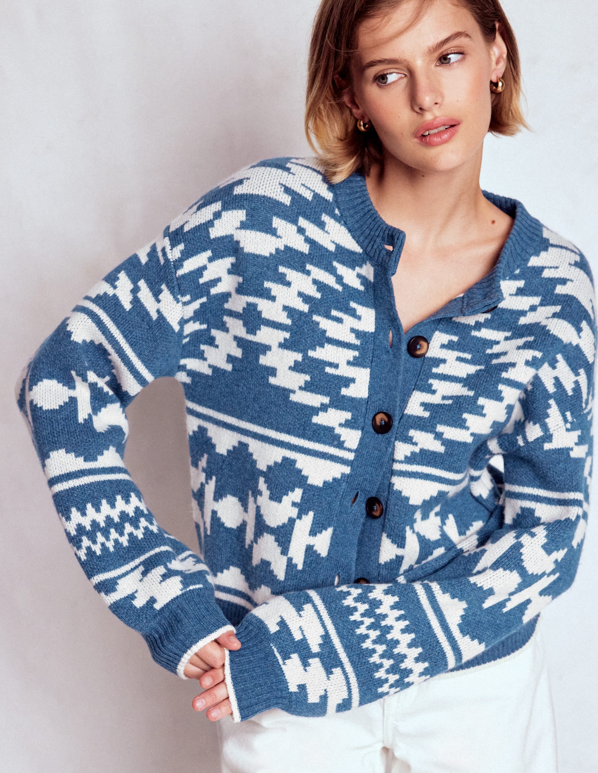 Abi Jacquard Cardigan-Denim Blue Aztec | Boden UK