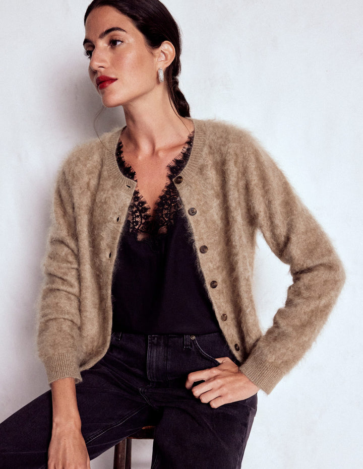 Eva Brushed Cashmere Cardigan-Dark Mink Melange