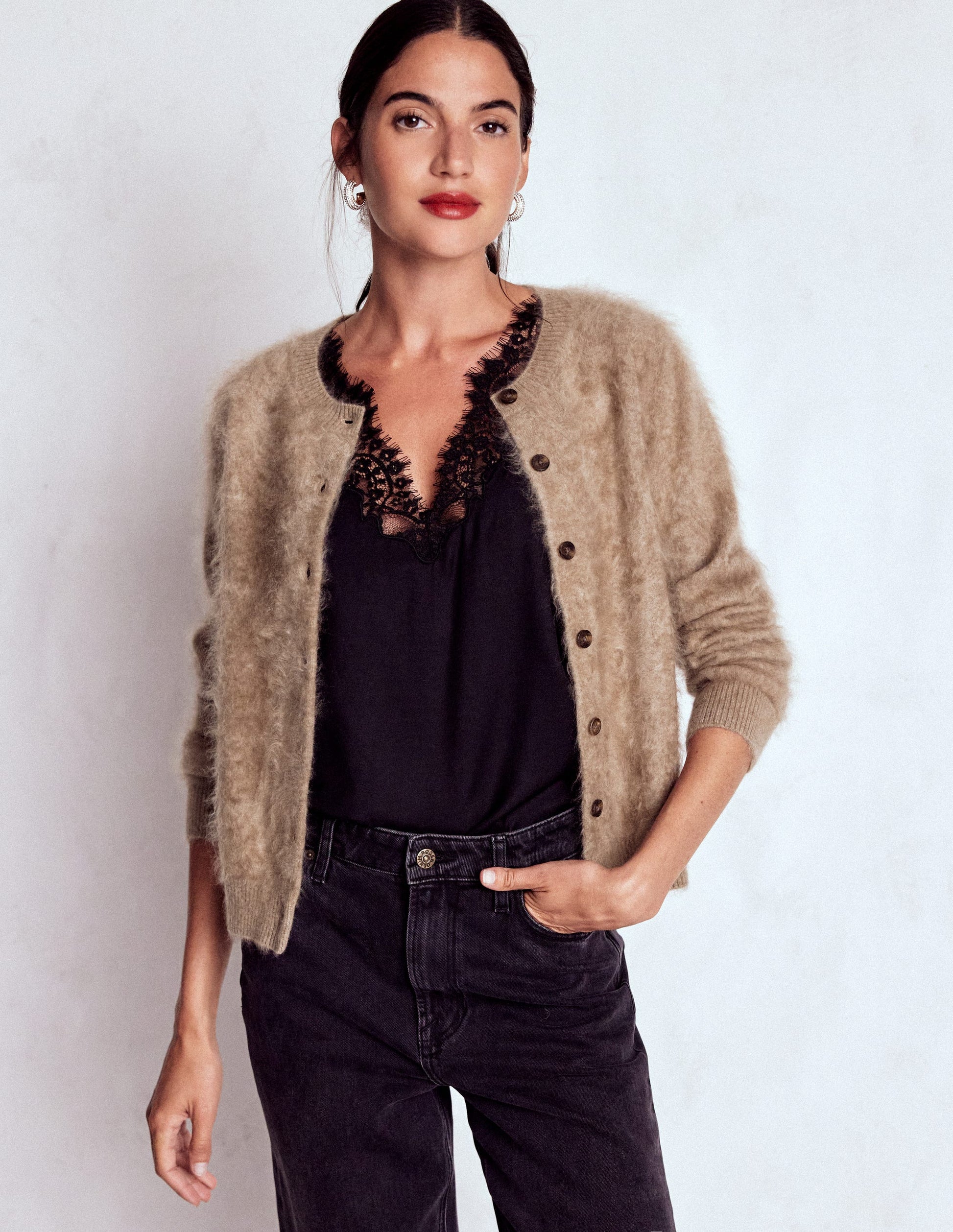 Brushed Crop Cashmere Cardigan-Dark Mink Melange-4