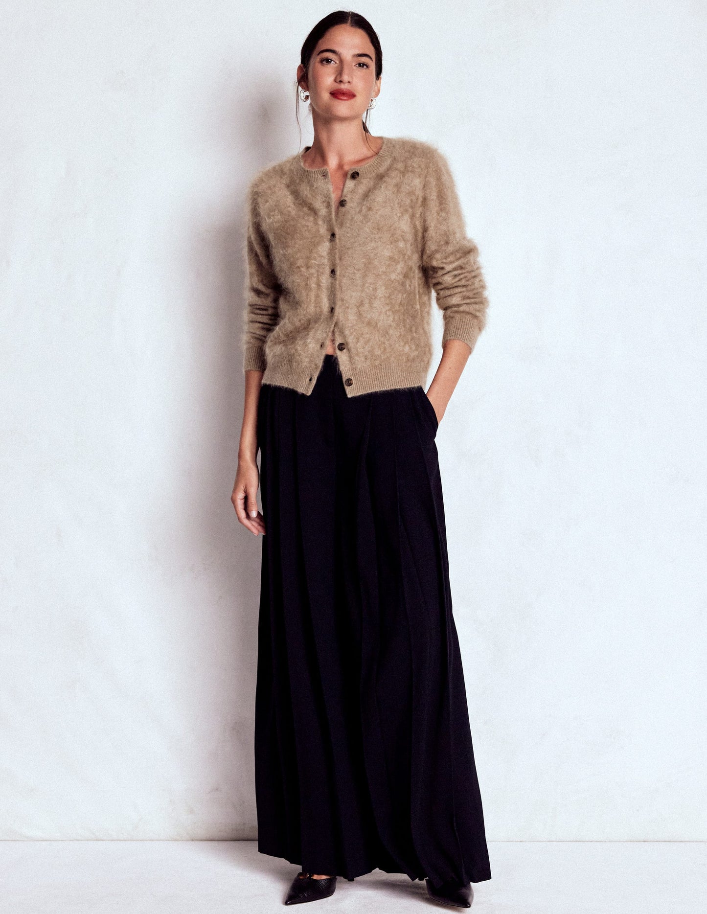 Brushed Crop Cashmere Cardigan-Dark Mink Melange