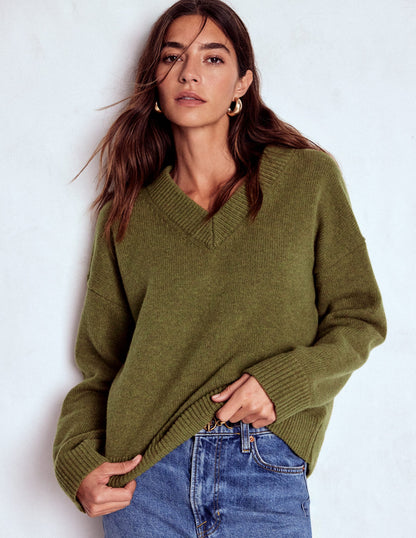 Marion Merino V-neck Jumper-Promenade Green Melange-1
