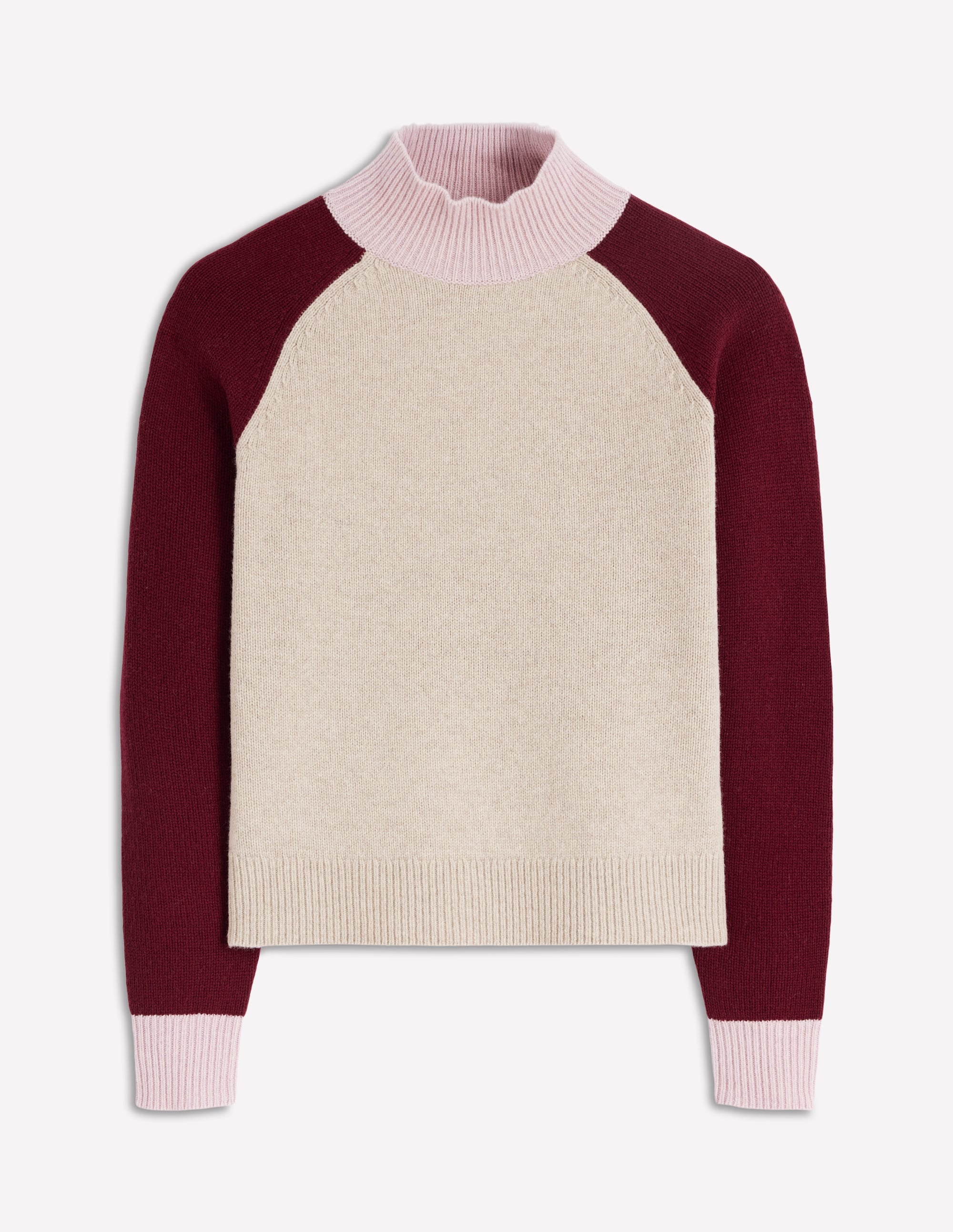 Marion Merino High Neck Jumper-Linen, Pinotage Colour Block - Image 5