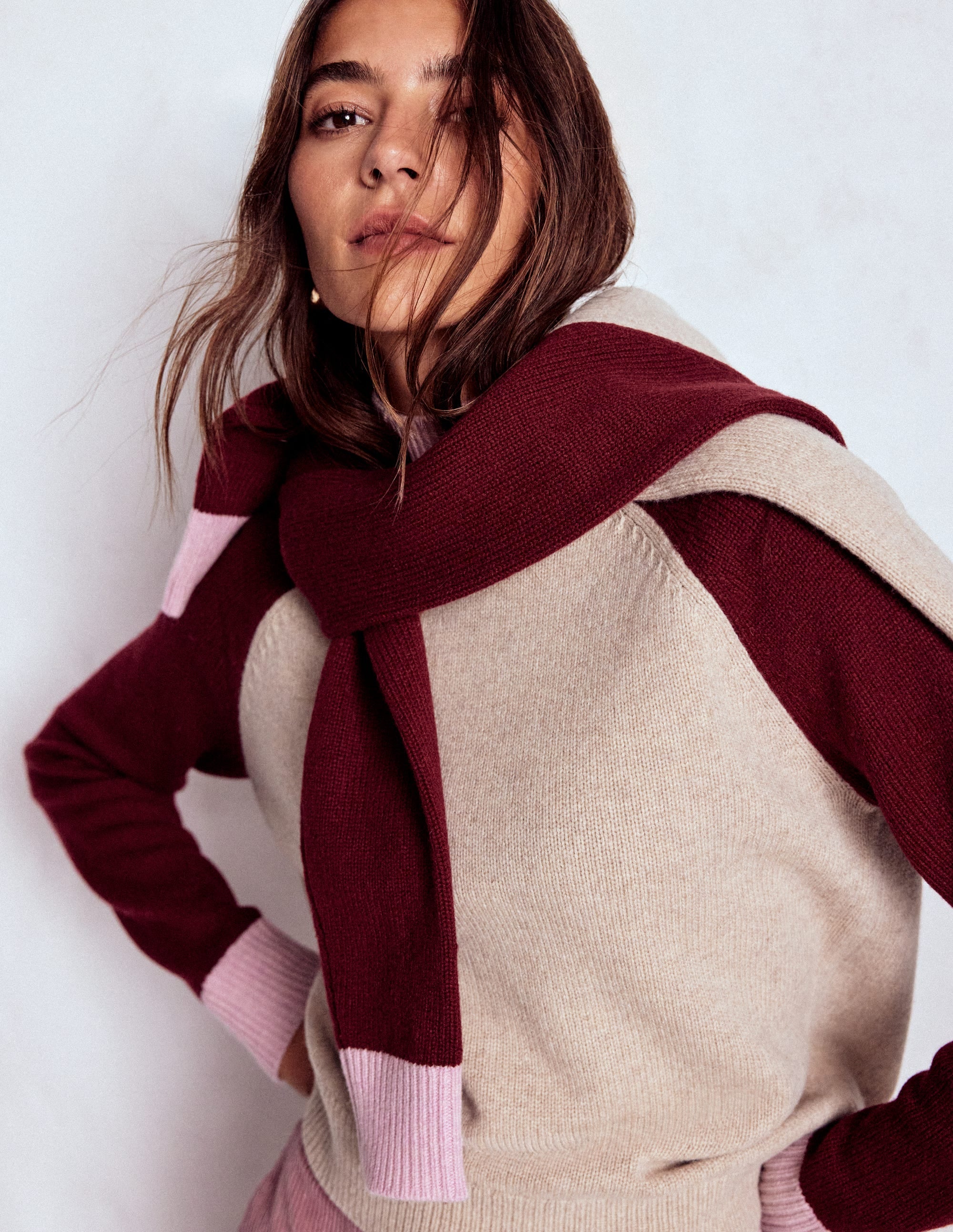 Marion Merino High Neck Jumper-Linen, Pinotage Colour Block - Image 2