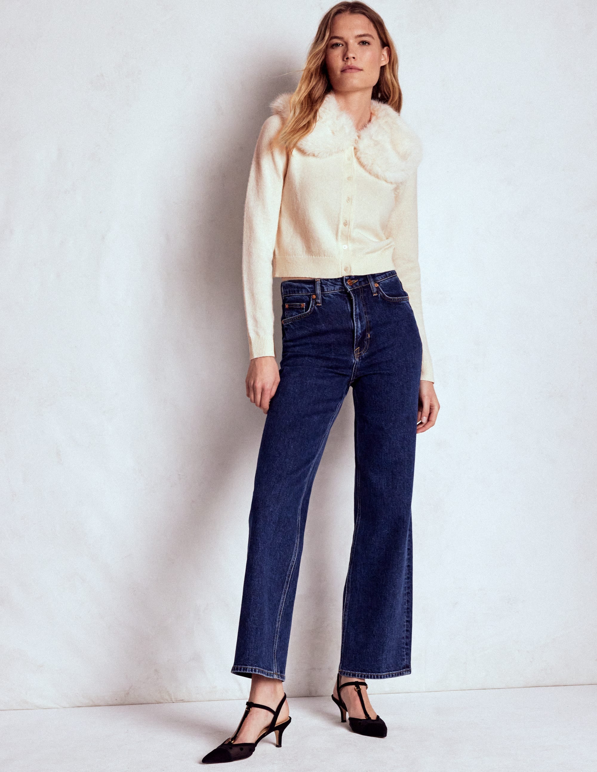 Fur Collar Cropped Cardigan-Warm Ivory - Image 4