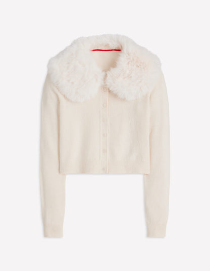 Fur Collar Cropped Cardigan-Warm Ivory-7