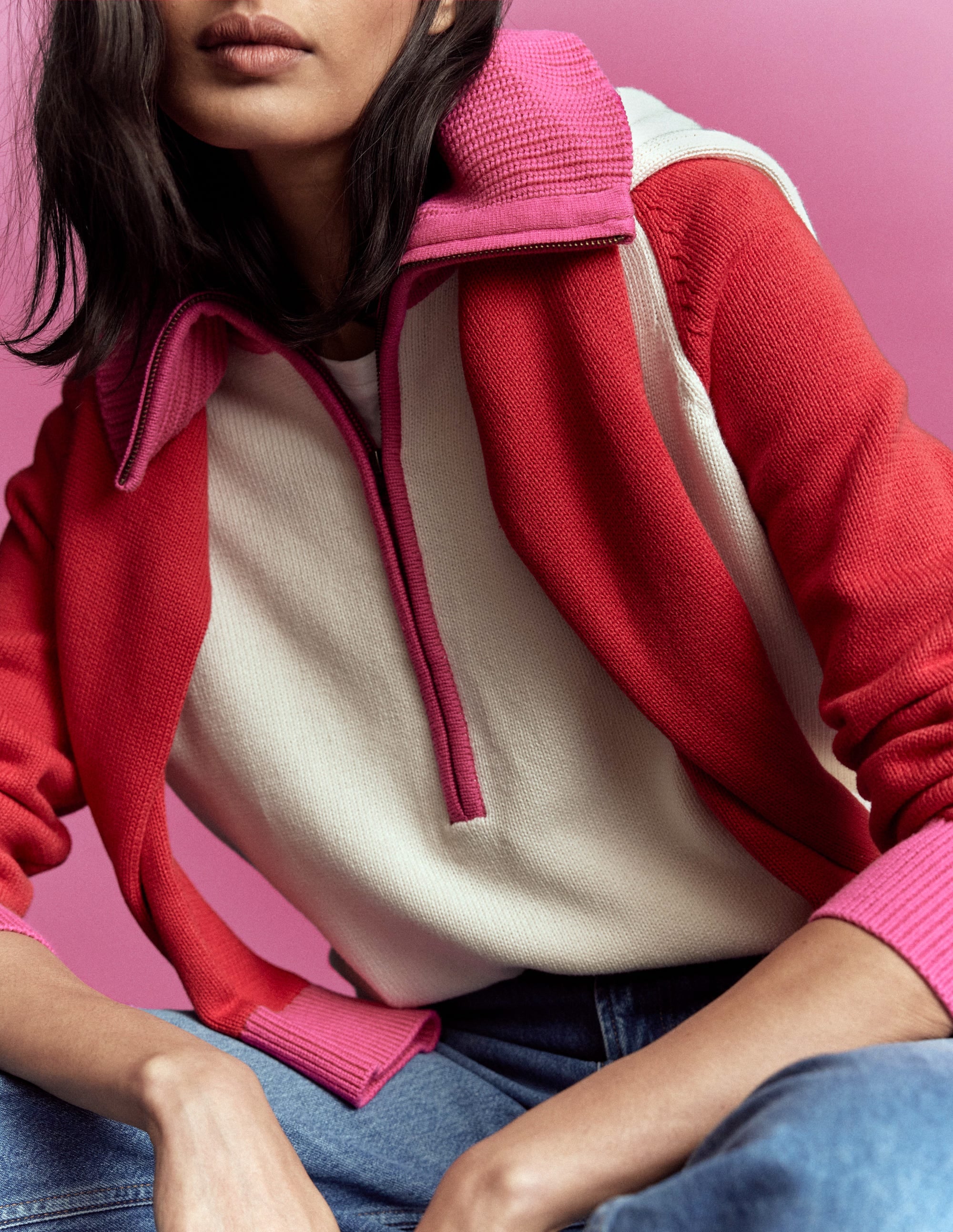 Lucy Half Zip Jumper-Warm Ivory, Red - Image 1