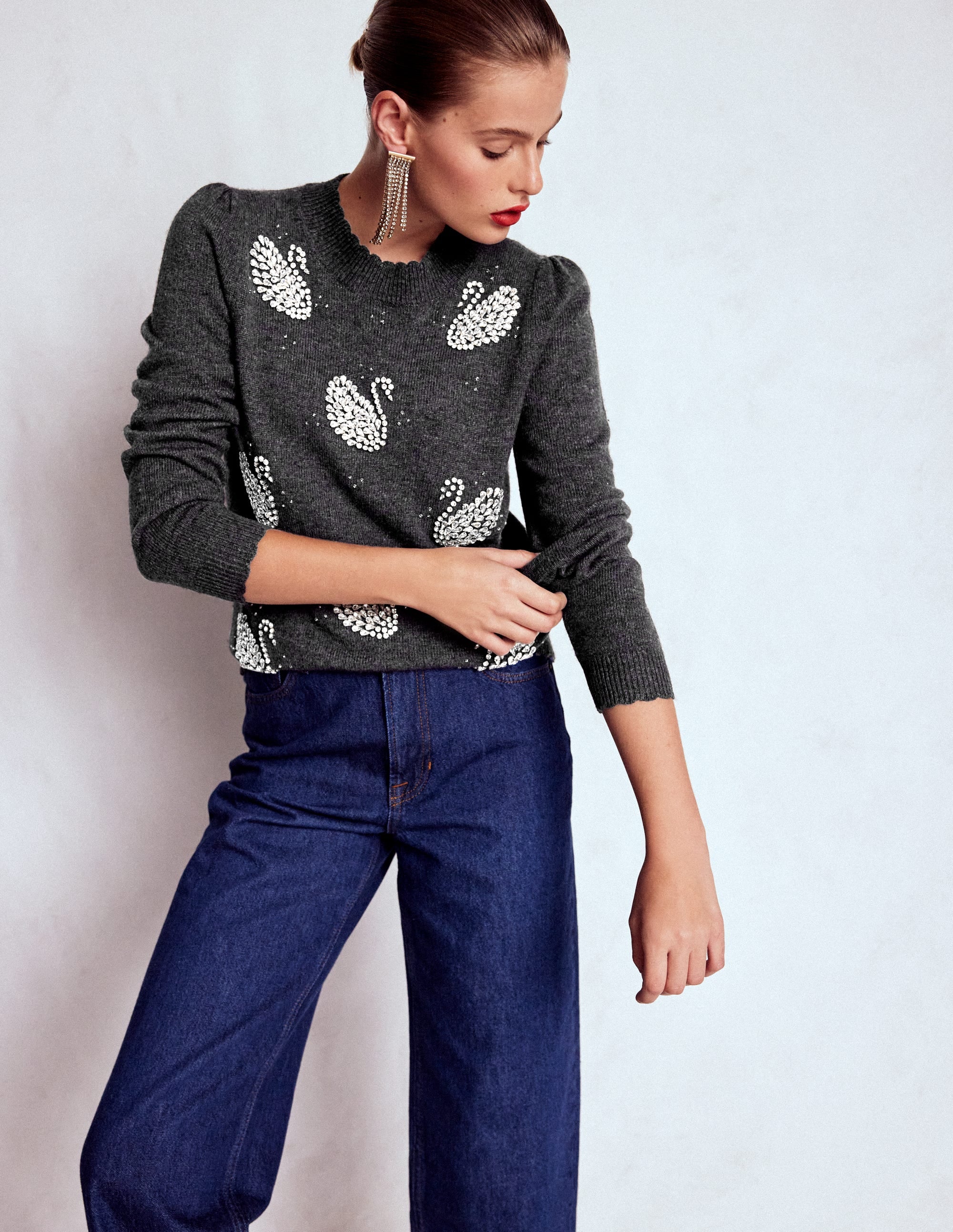 Elizabeth Embellished Jumper-Charcoal Melange Swans - Image 5