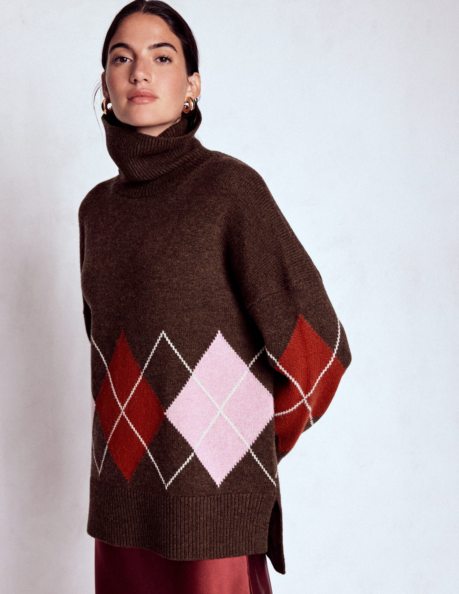 Polly Merino Roll Neck Jumper-Brown, Pink Argyle-1